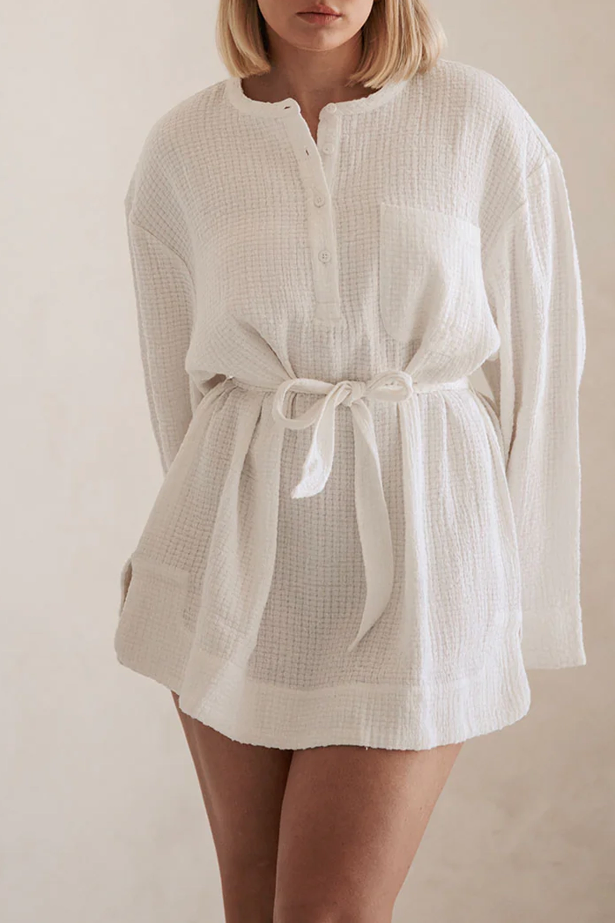 Long Sleeve Button Up Belted Mini Dress - notariosoax