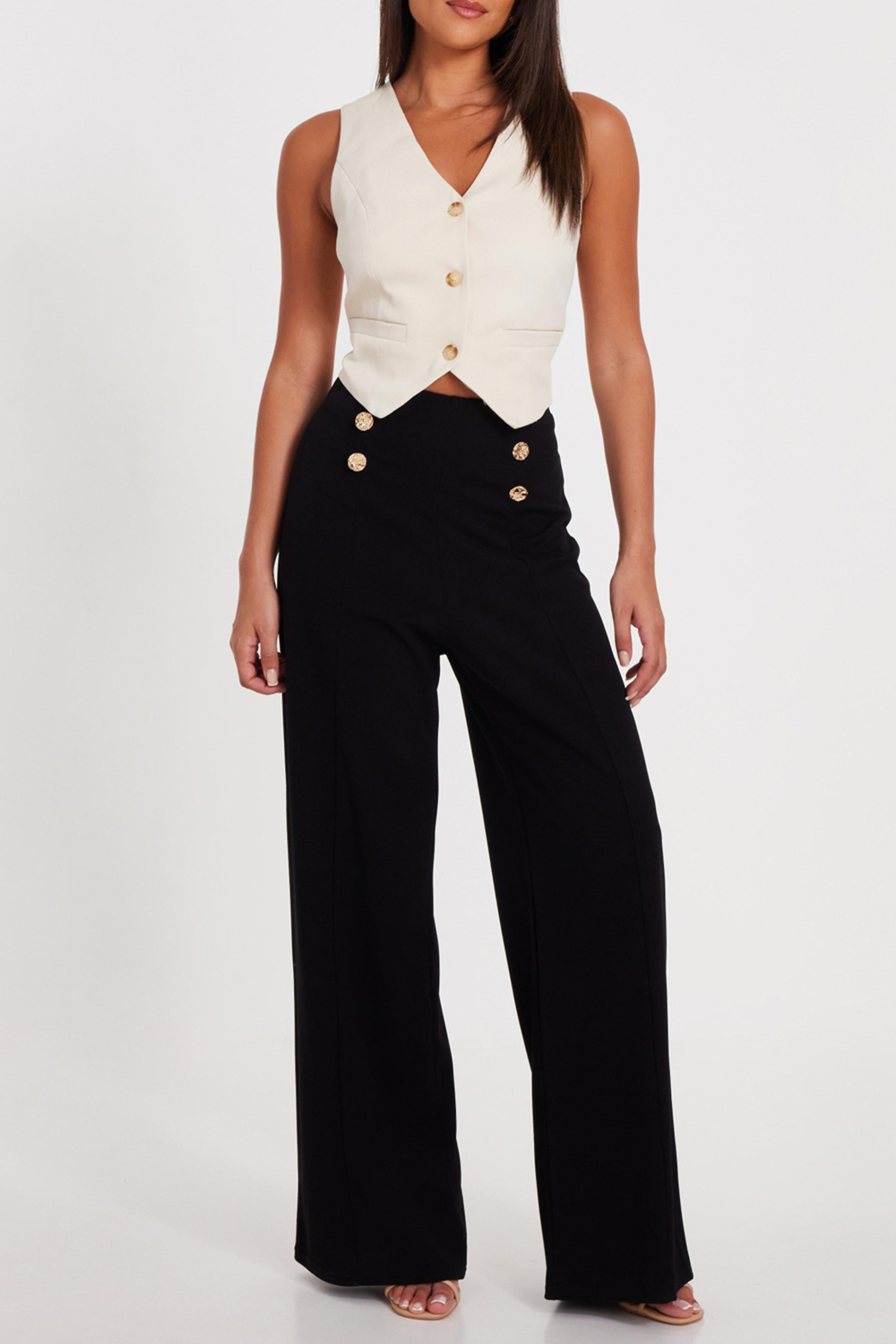 High-Rise Button-Detail Wide-Leg Women's Flared Trousers - notariosoax
