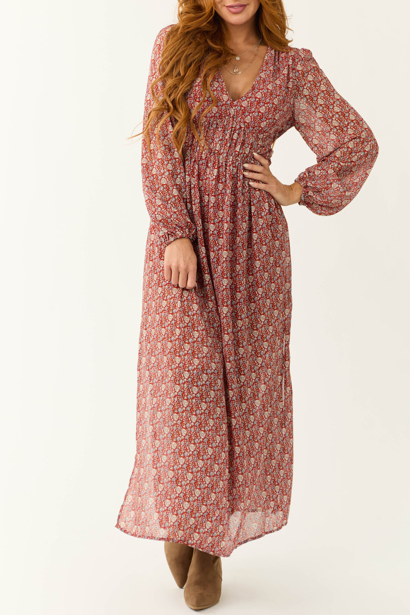 Burgundy Ditsy Floral Print Maxi Dress - notariosoax