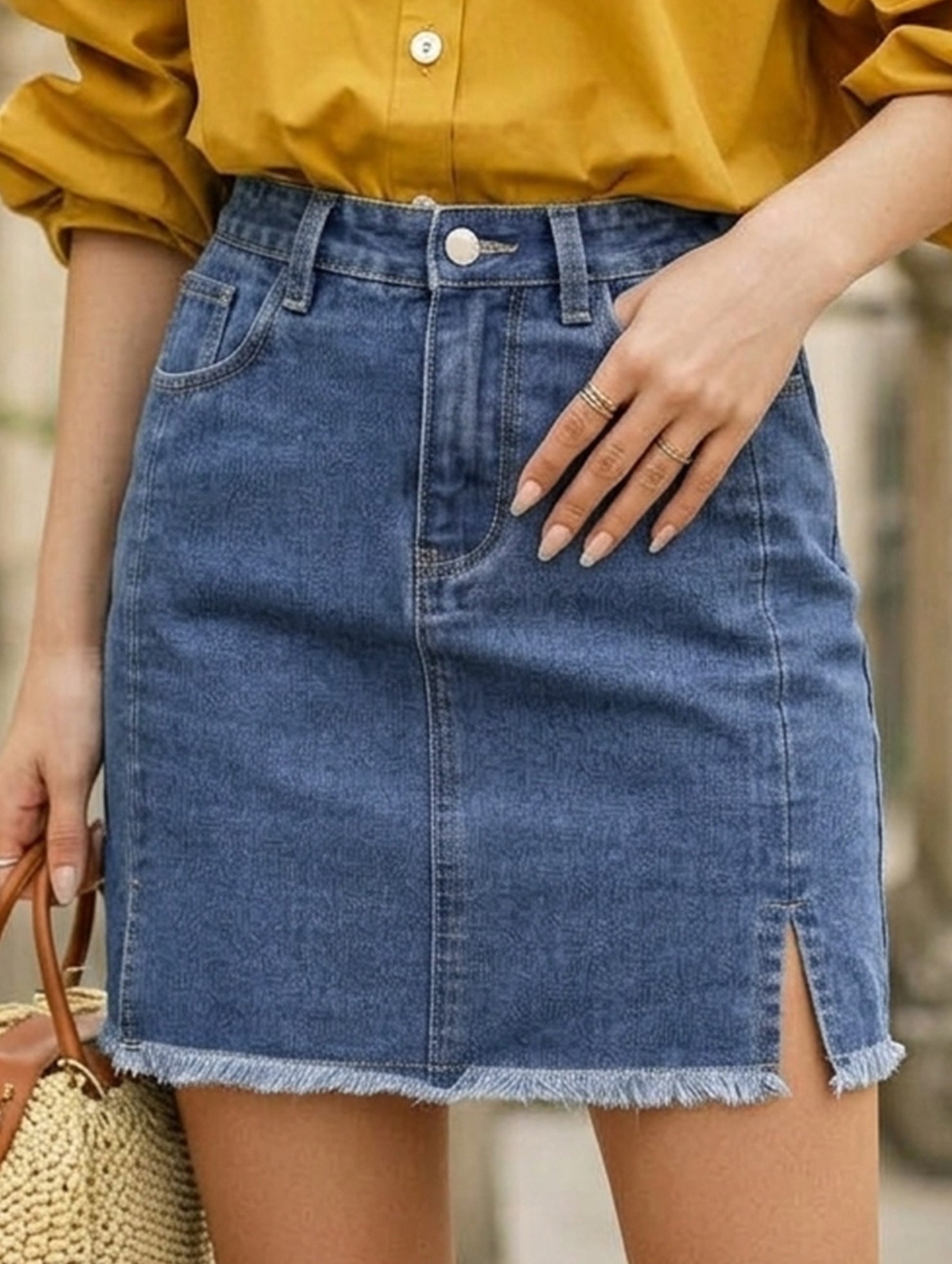 Denim Washed Slit Hem Mini Skirt - notariosoax