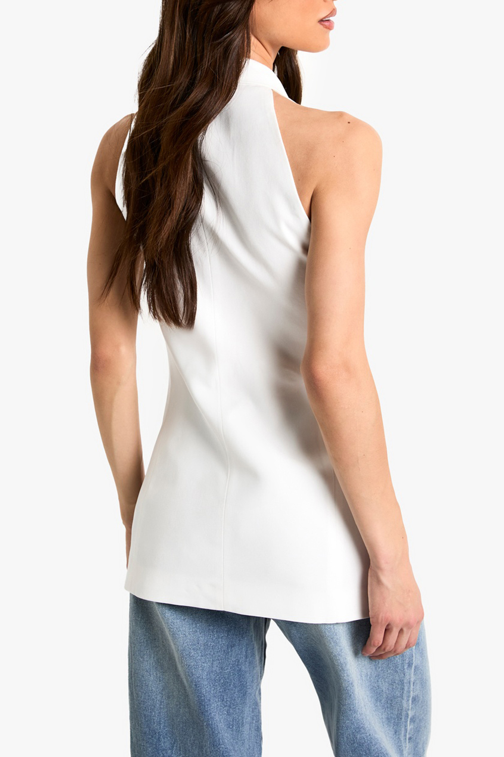 Long Deep V-neck White Vest for Ladies - notariosoax