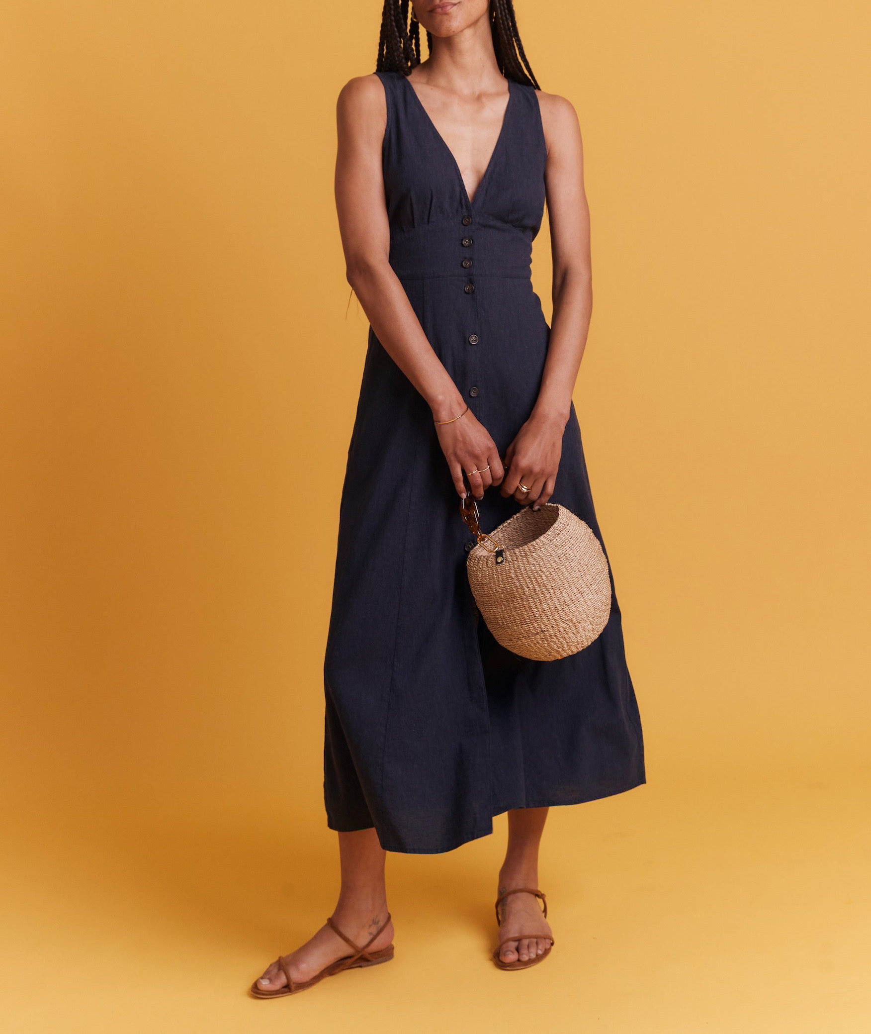 Navy Button-Down Sleeveless Midi Dress - notariosoax