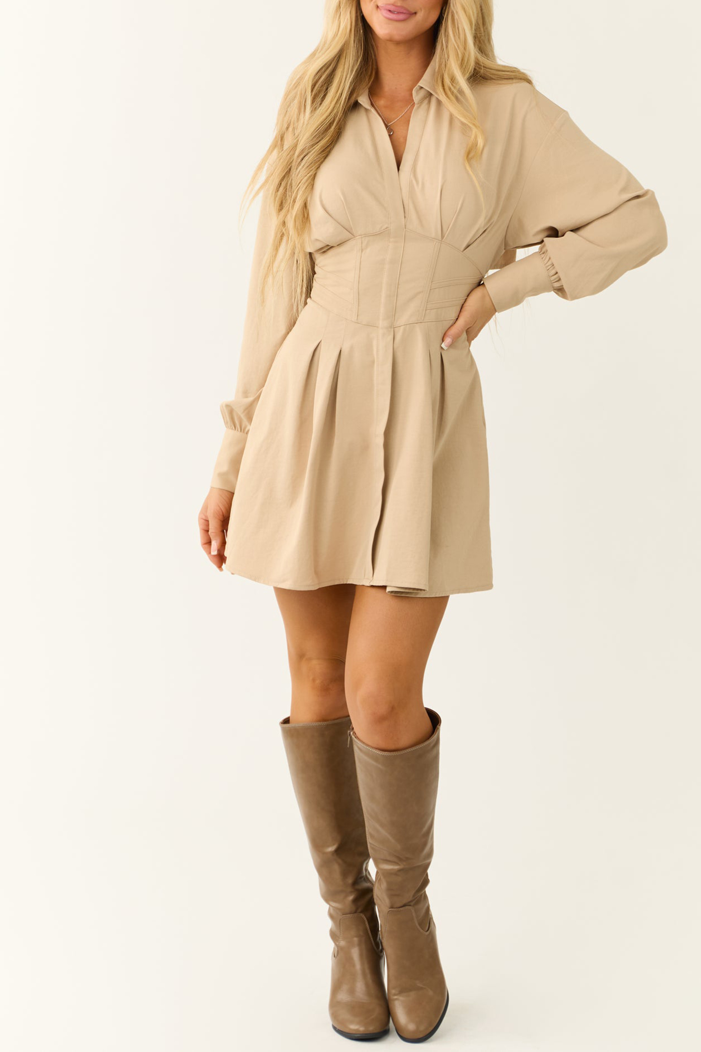 Oatmeal Long Sleeve Back Corset Short Dress - notariosoax