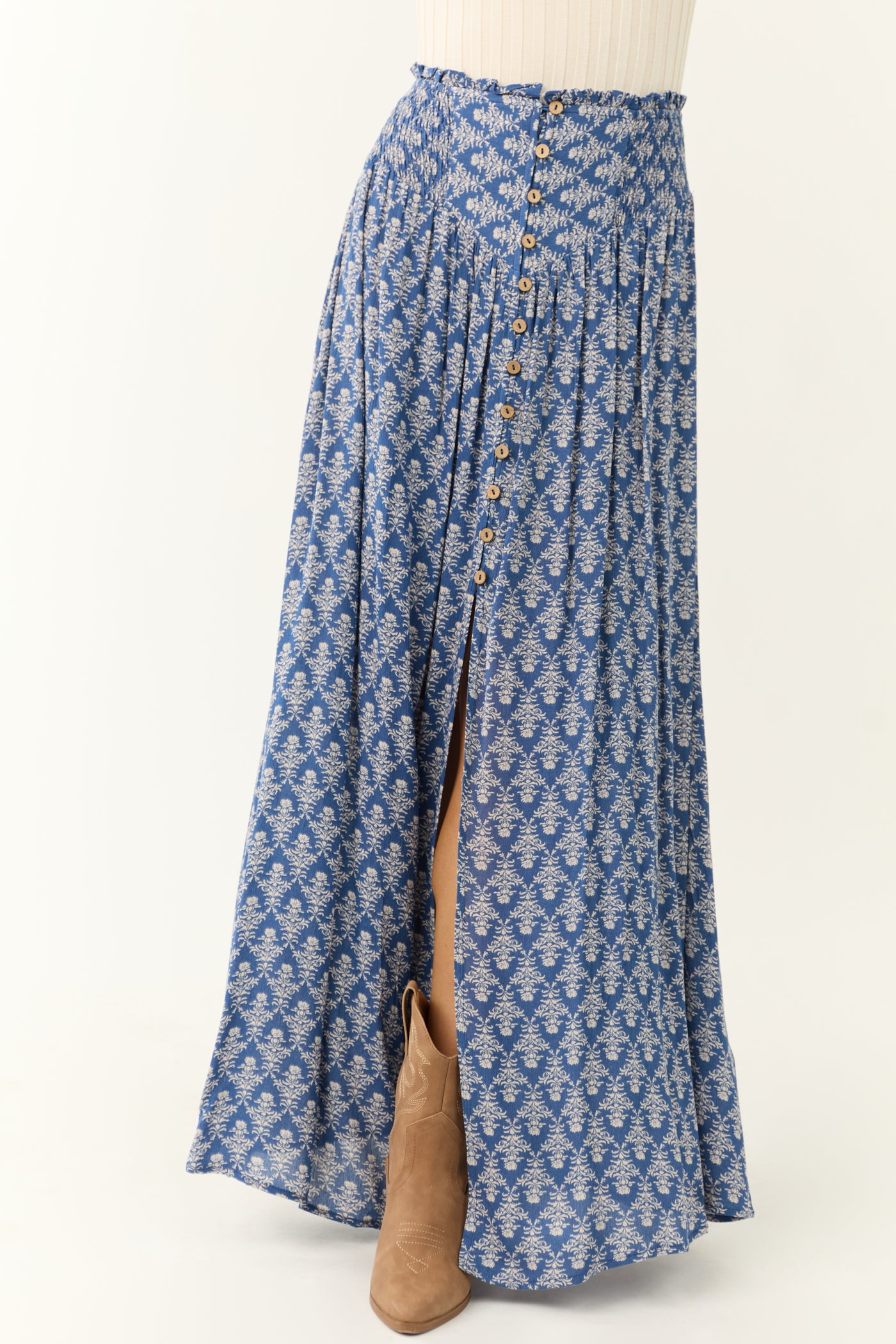 Dusty Blue Abstract Floral Print Maxi Skirt - notariosoax