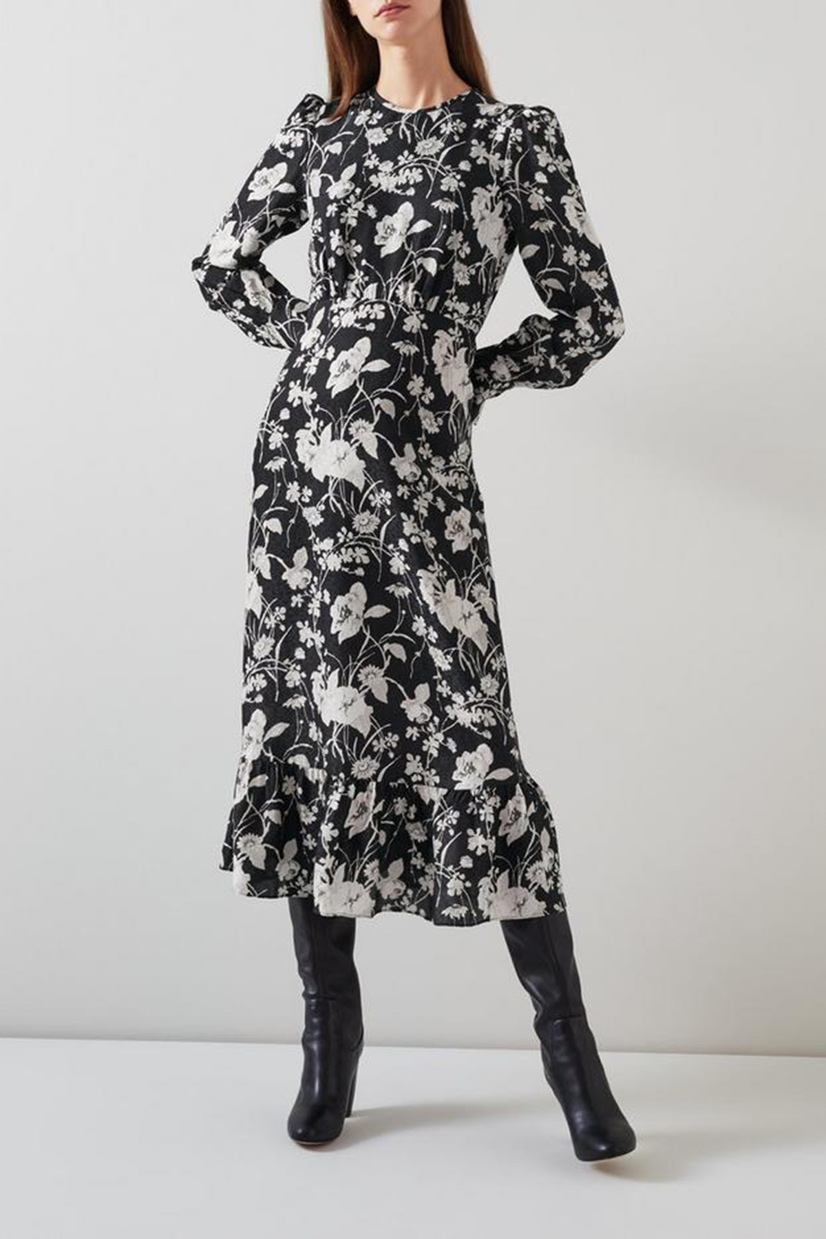 Black White Floral Print Long Sleeve Midi Dress - notariosoax