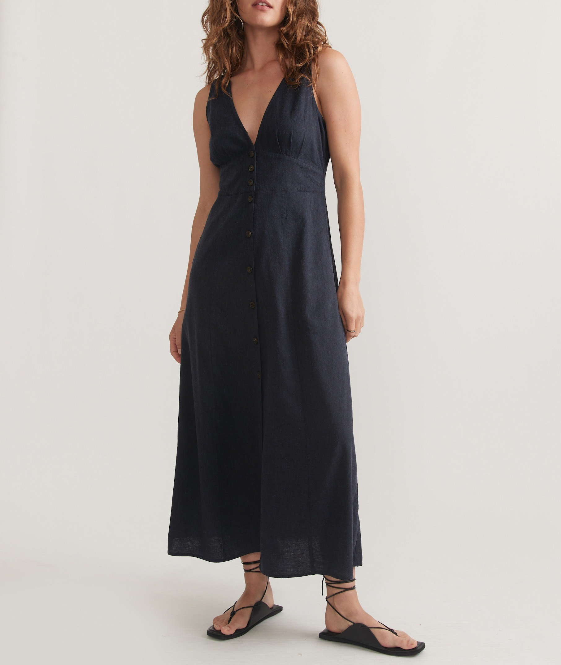 Navy Button-Down Sleeveless Midi Dress - notariosoax