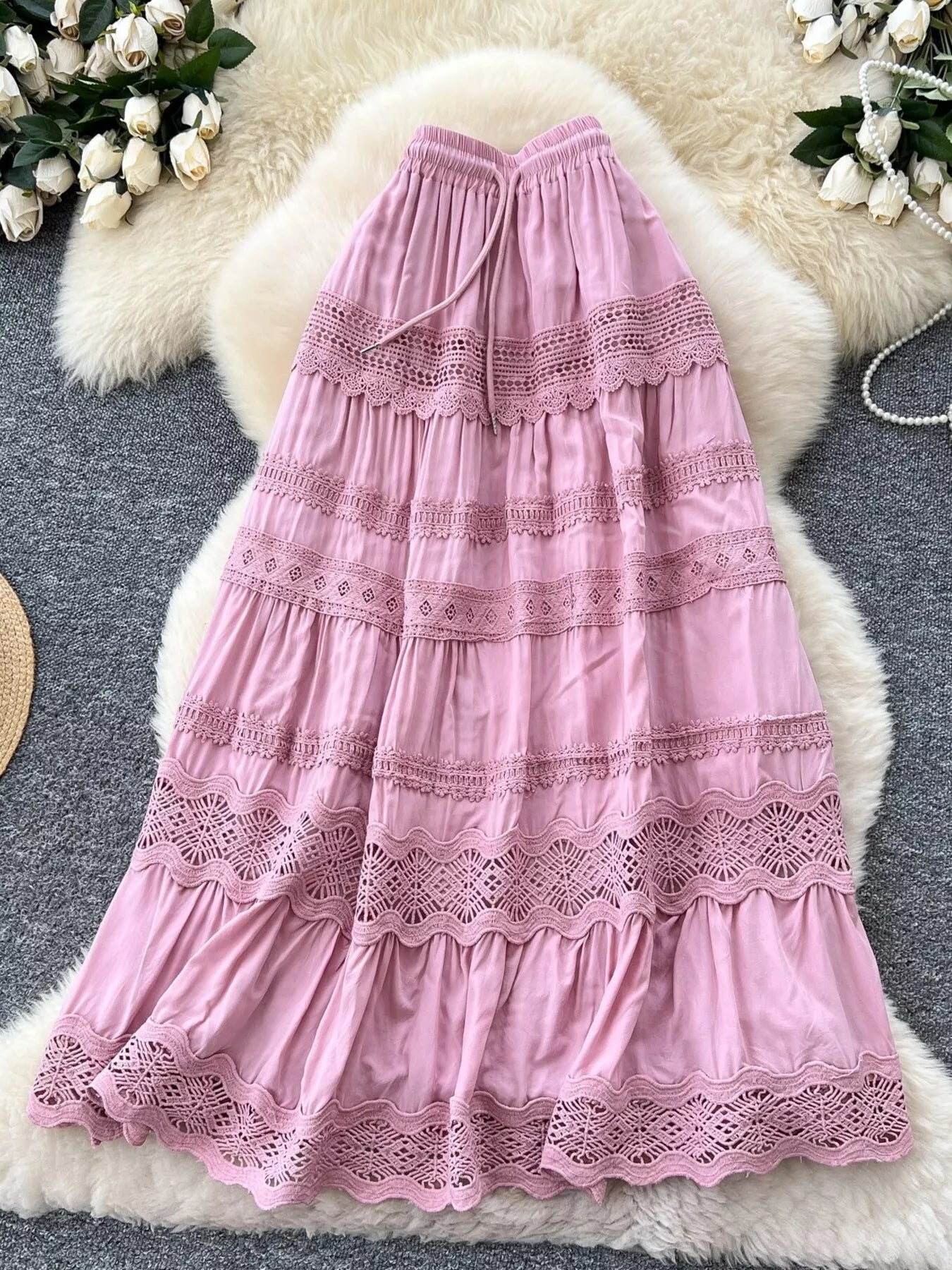 Drawstring Lace Tiered Skirt Maxi - notariosoax