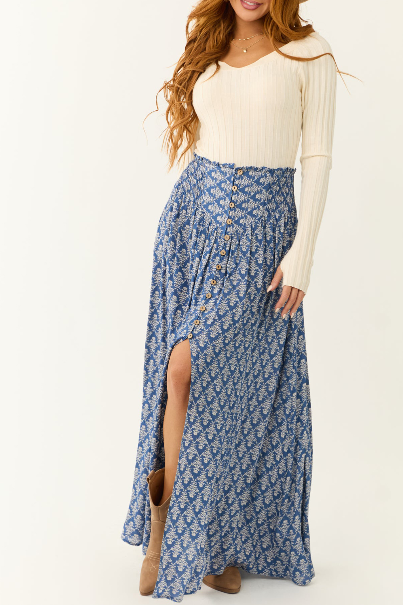 Dusty Blue Abstract Floral Print Maxi Skirt - notariosoax
