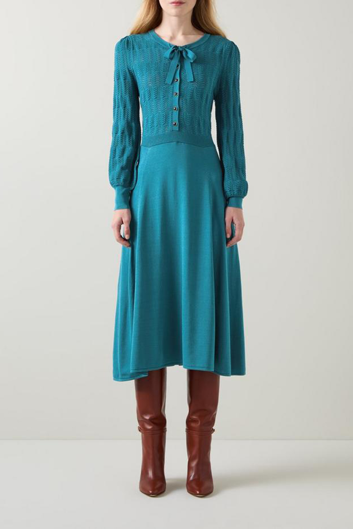 Teal Tie Neck Long Sleeve Midi Dress - notariosoax