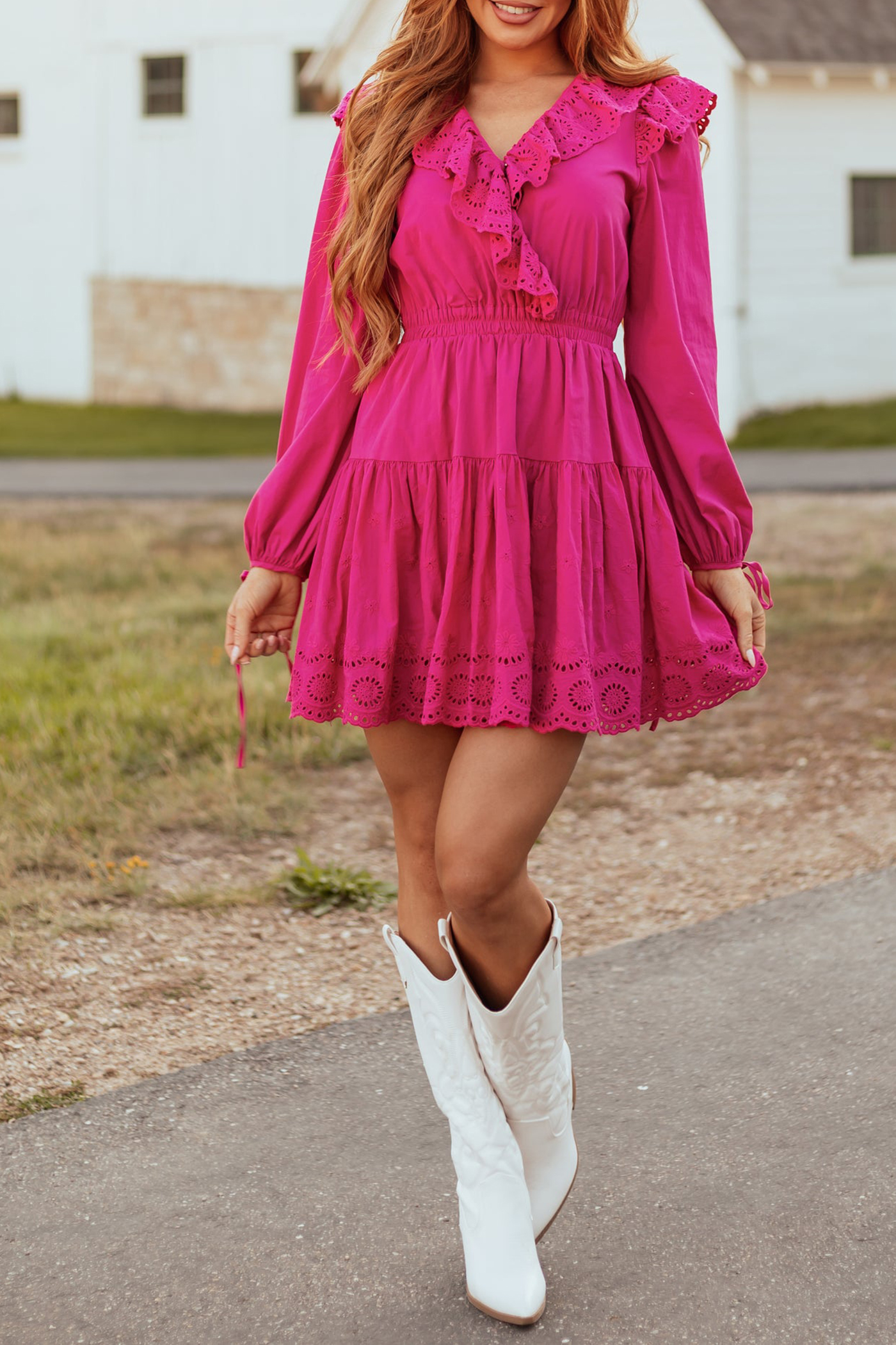 Fuchsia Long Sleeve Eyelet Detail Mini Dress - notariosoax