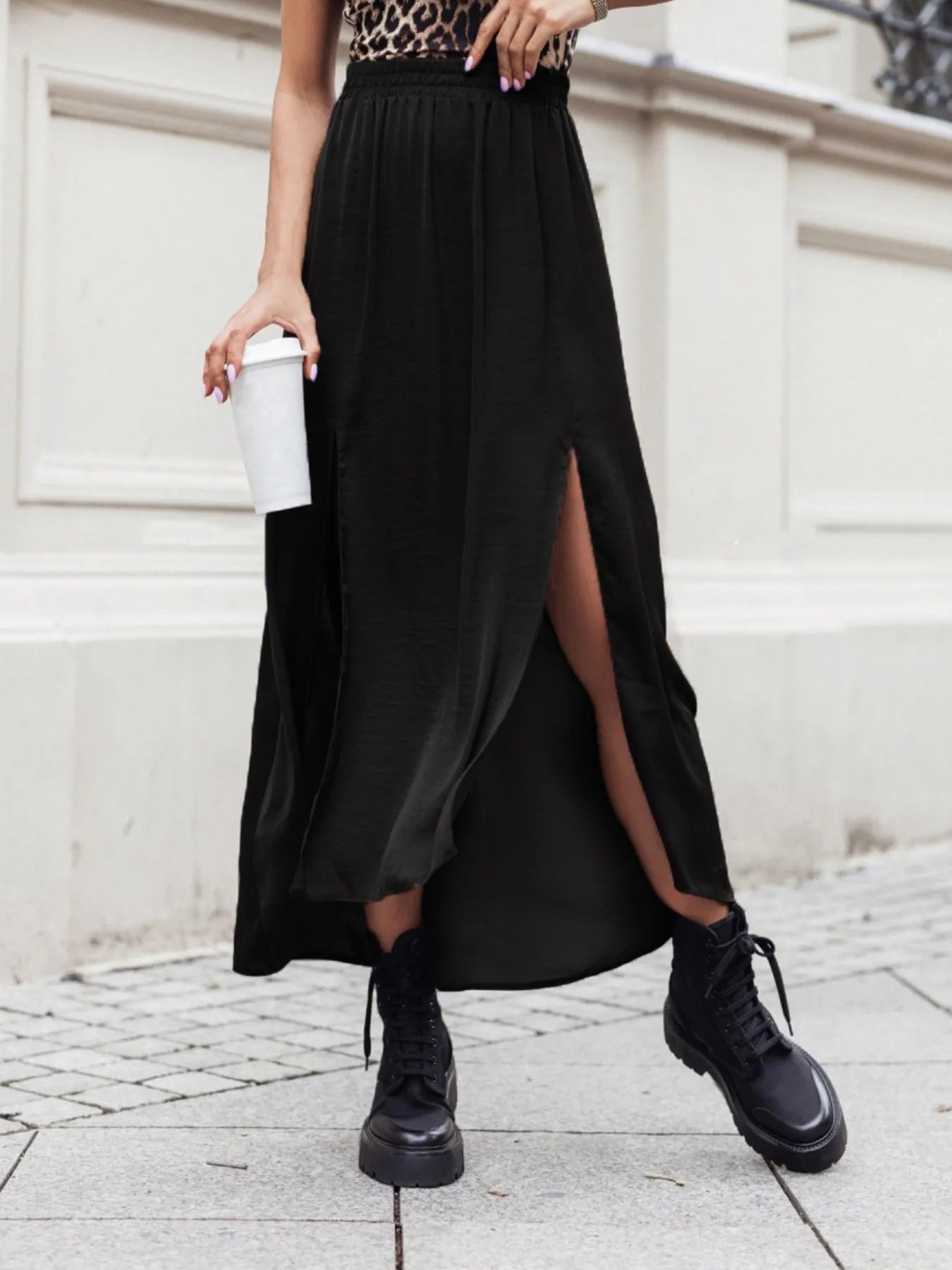 Elastic Waistband High-Slit Maxi Skirt - notariosoax