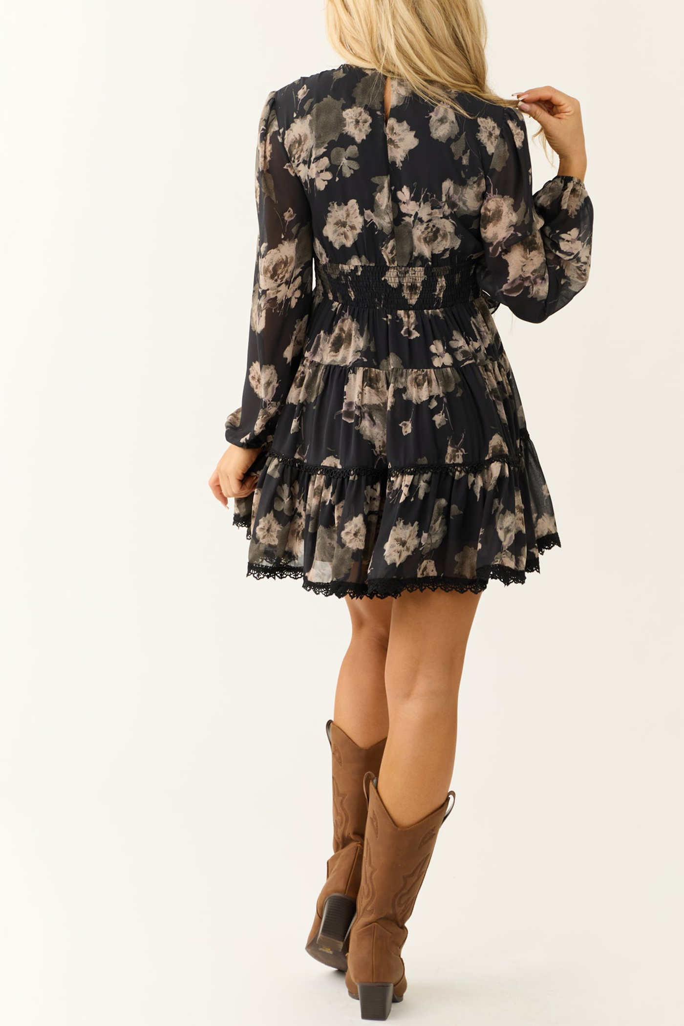 Black Floral Print Long Sheer Sleeve Short Dress - notariosoax