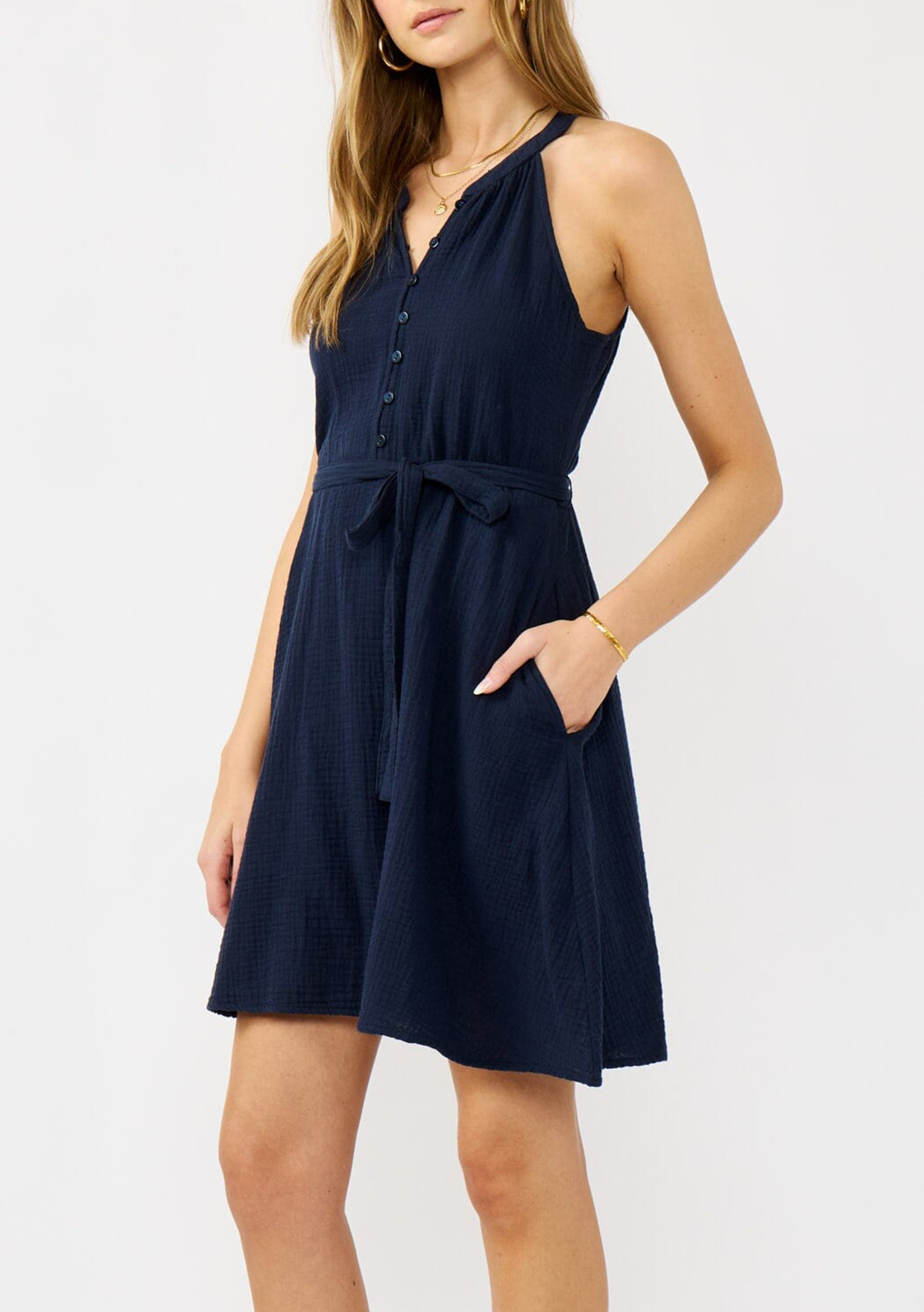 Tied Half Button Mini Dress - notariosoax