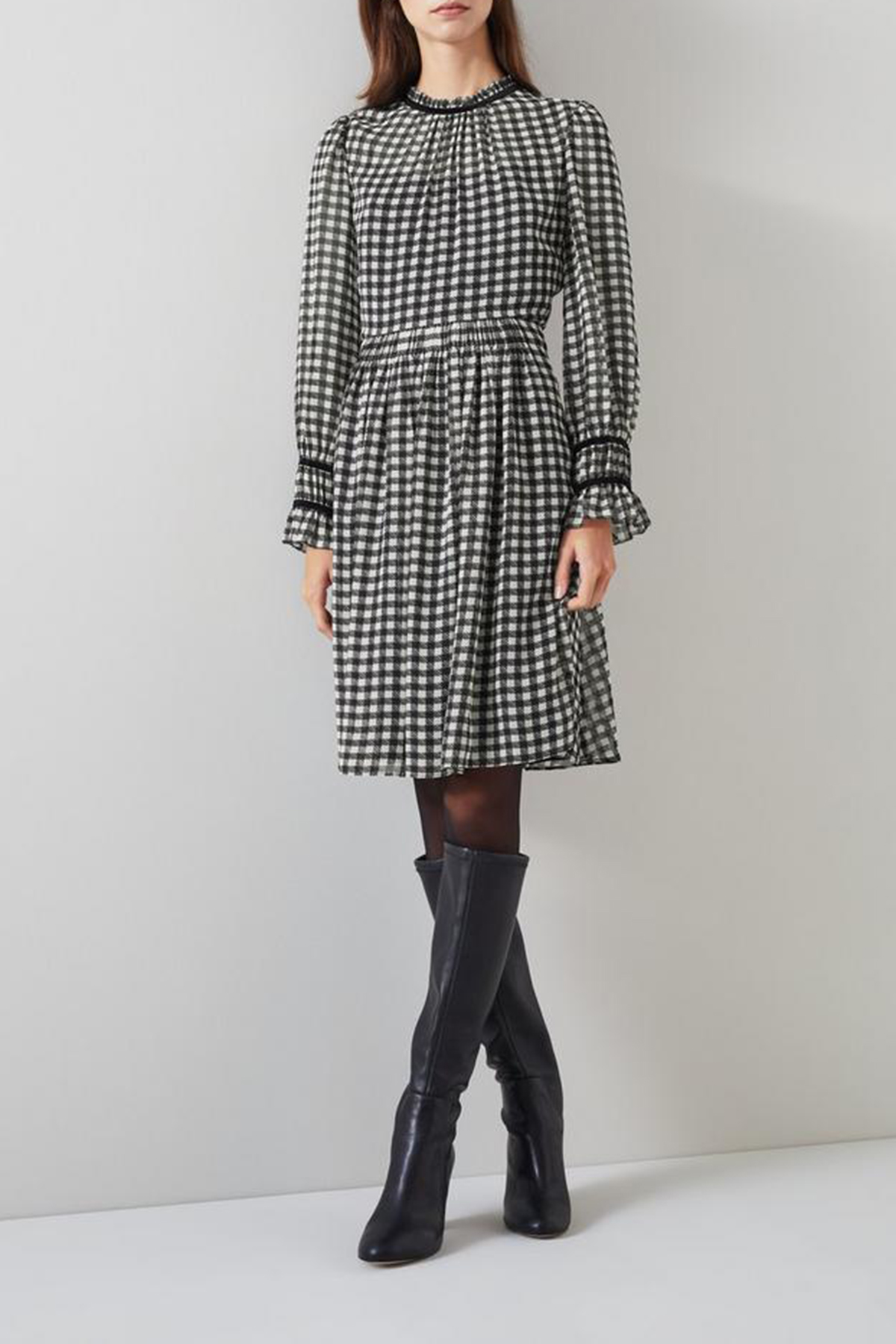 Black Cream Checkered Long Sleeve Midi Dress - notariosoax