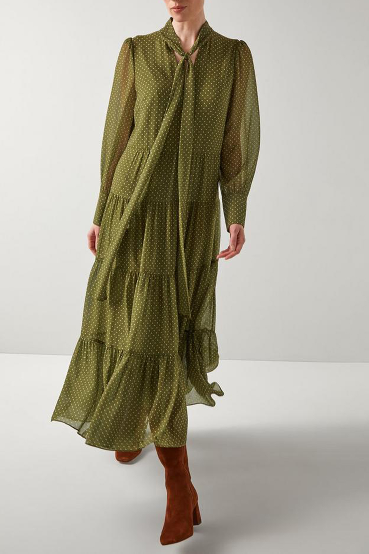 Green Polka Dot Tie Neck Tiered Dress - notariosoax