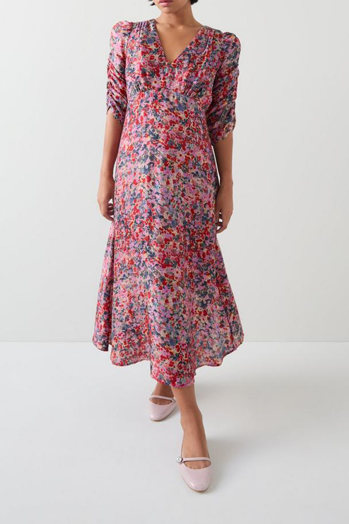 Pink Floral Print V Neck Midi Dress - notariosoax