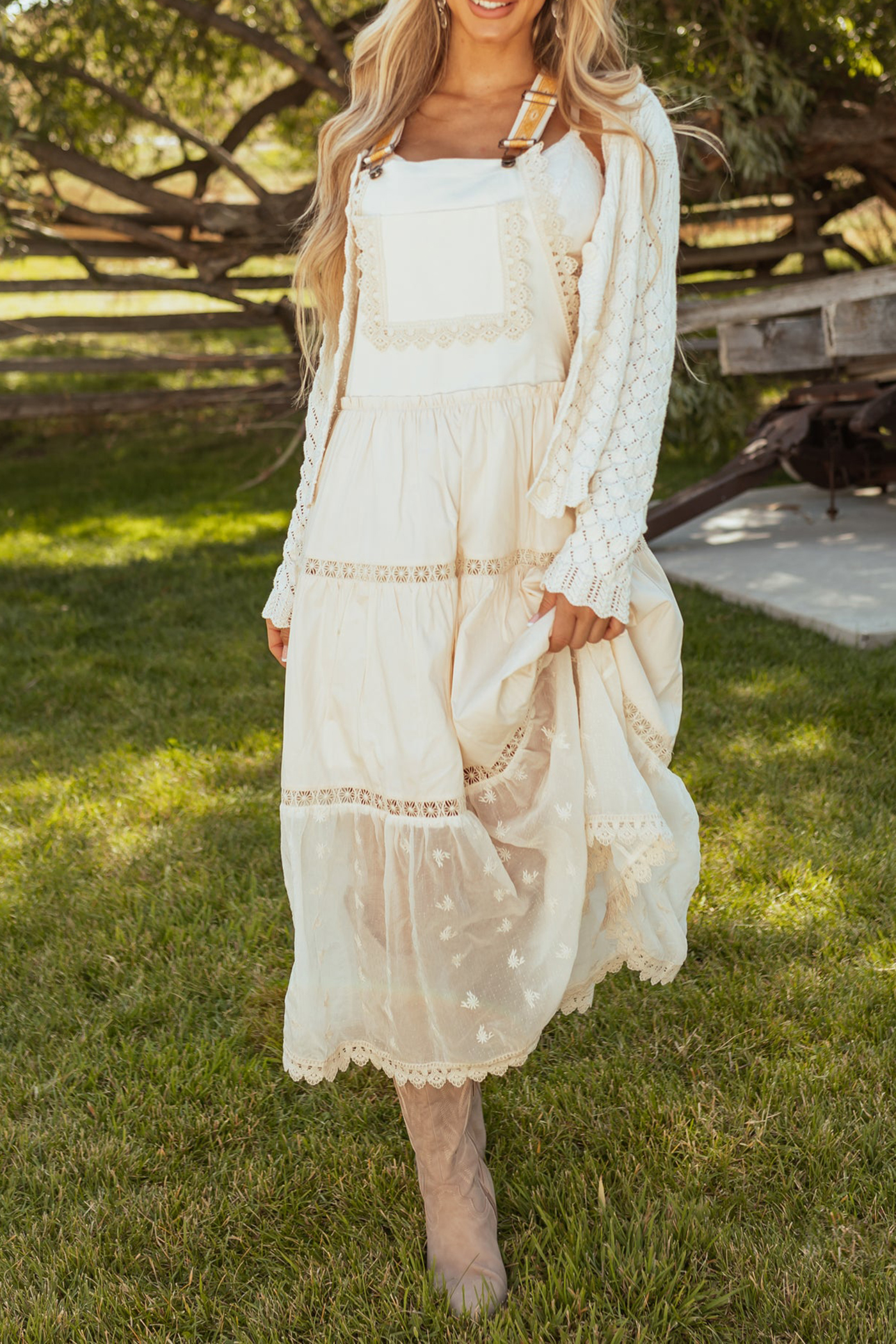 Almond Lace Tiered Overalls Maxi Dress - notariosoax