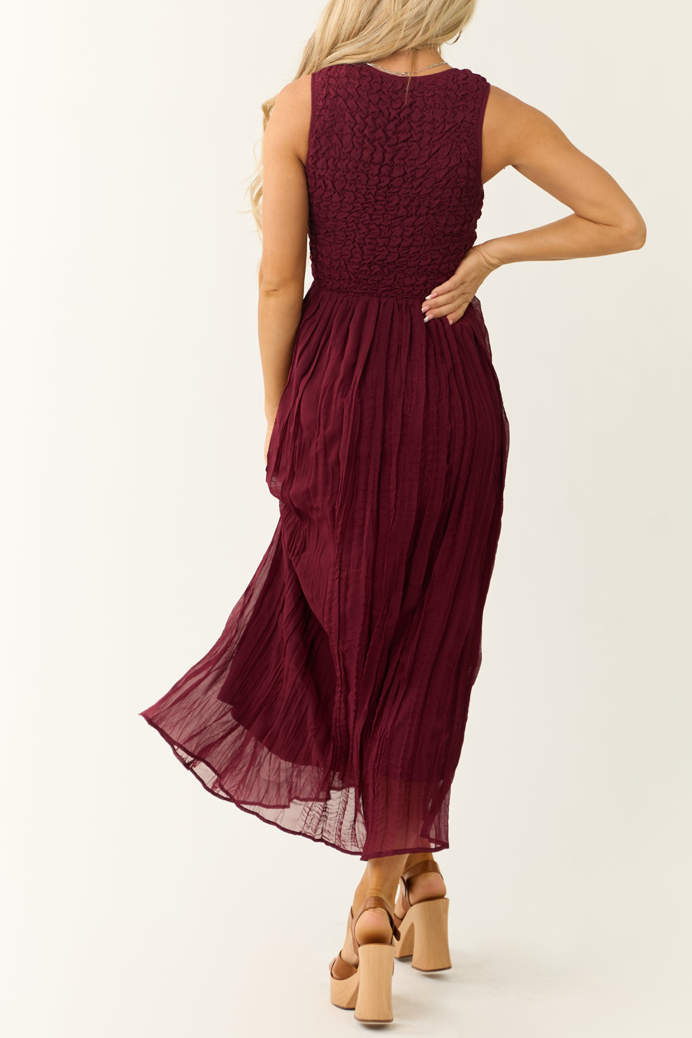 Wine Sleeveless Smocked Scoop Neck Maxi Dress - notariosoax
