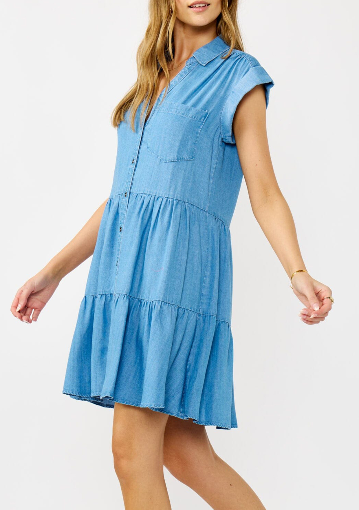 Tiered Button Up Cap Sleeve Dress - notariosoax