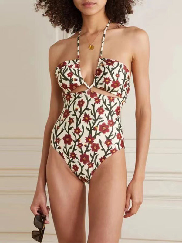Hollow Lace Halterneck Skirted Gauze Swim Dress - notariosoax