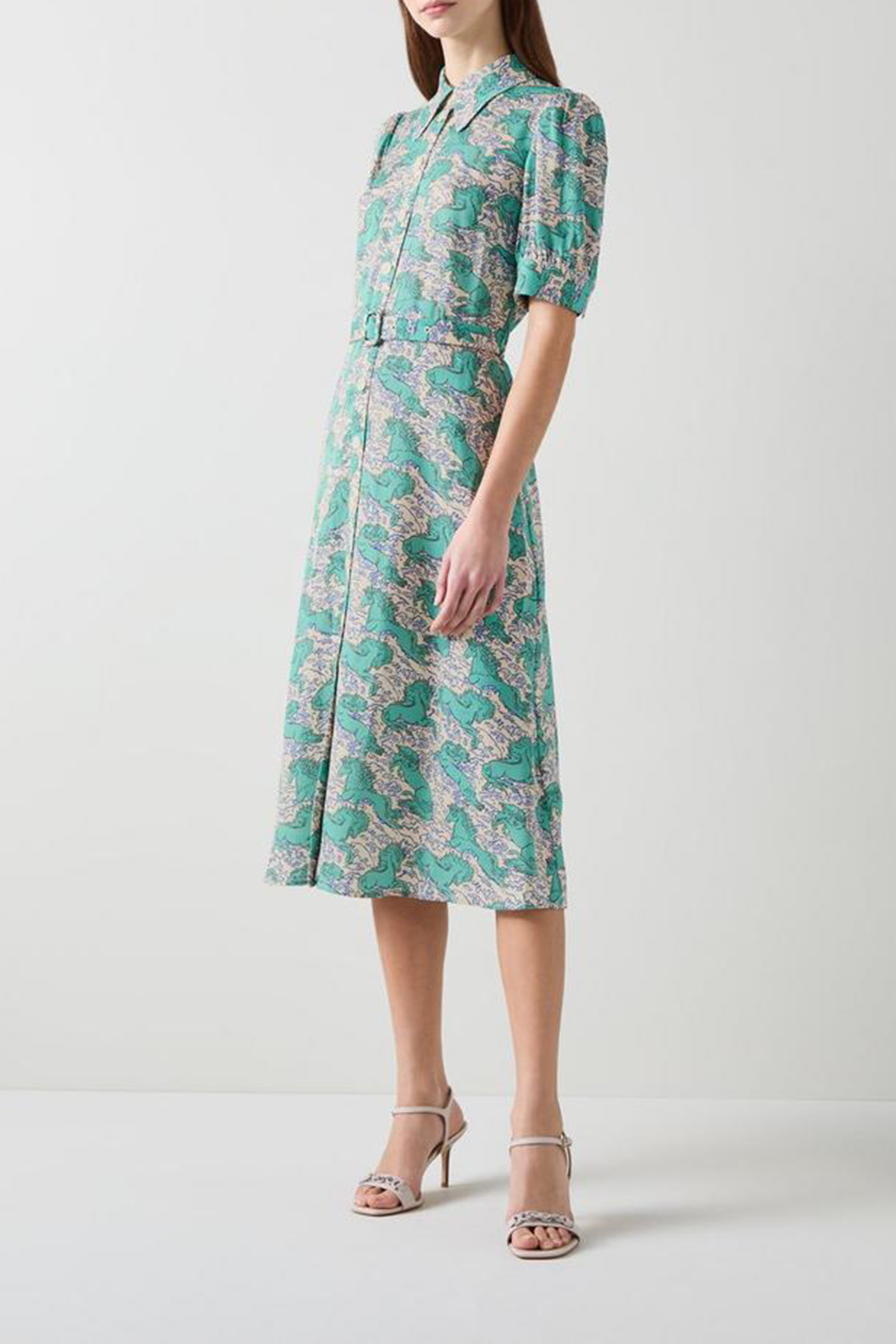 Green Floral Print Short Sleeve Midi Dress - notariosoax