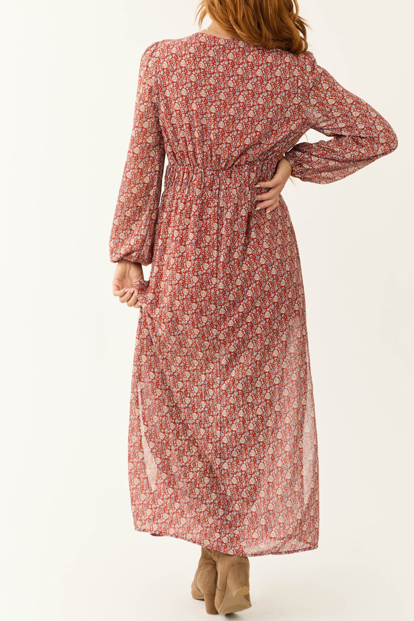 Burgundy Ditsy Floral Print Maxi Dress - notariosoax