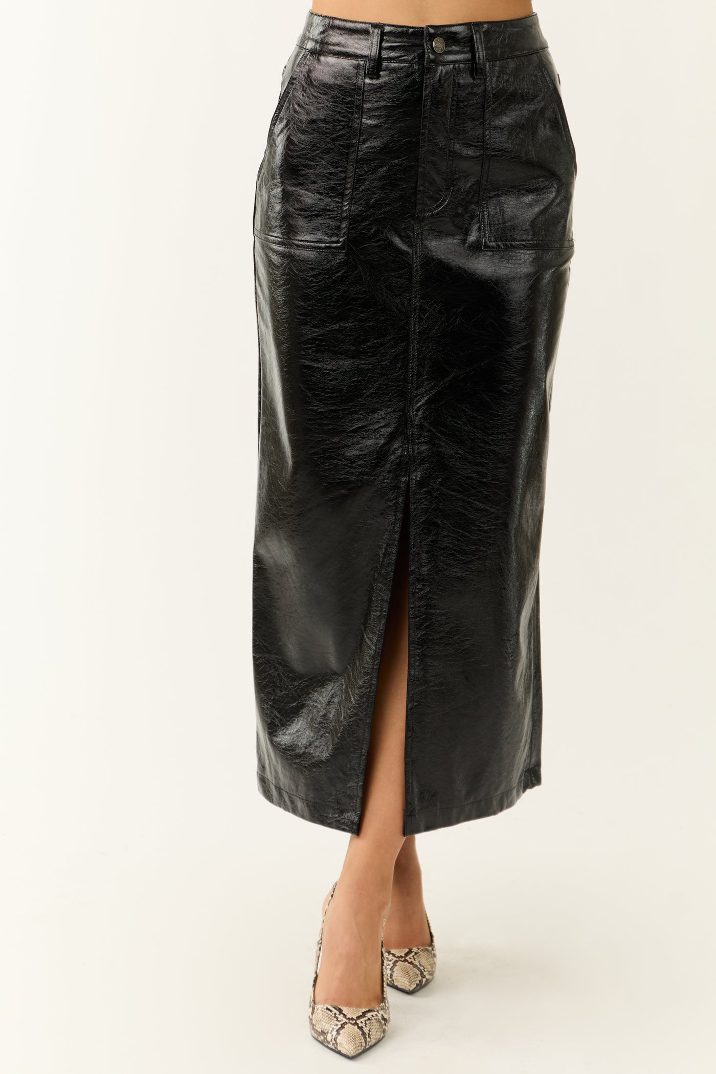 Black Shiny Faux Leather Front Slit Midi Skirt - notariosoax