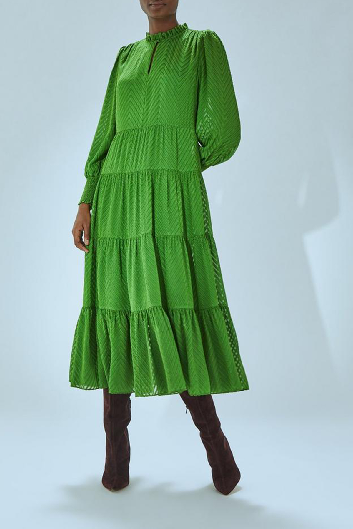 Green Tiered Long Sleeve Maxi Dress - notariosoax