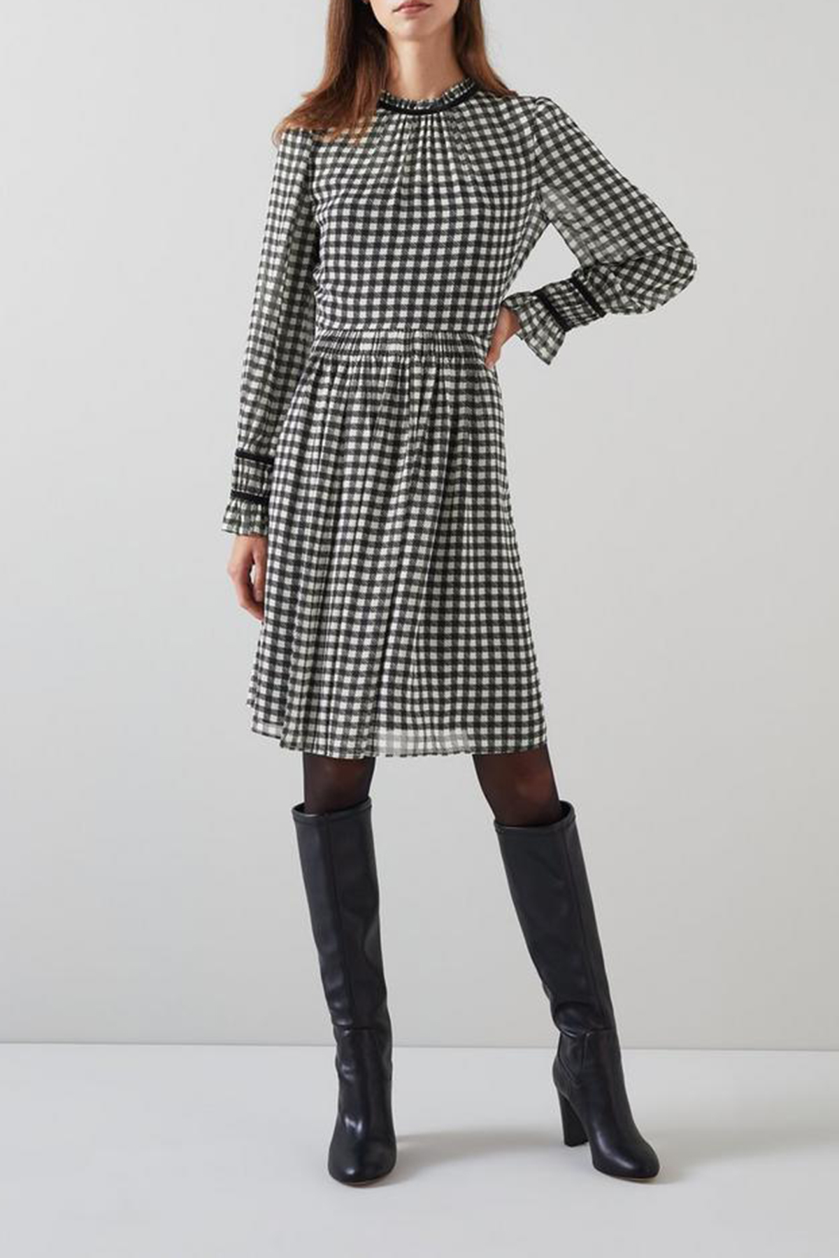 Black Cream Checkered Long Sleeve Midi Dress - notariosoax