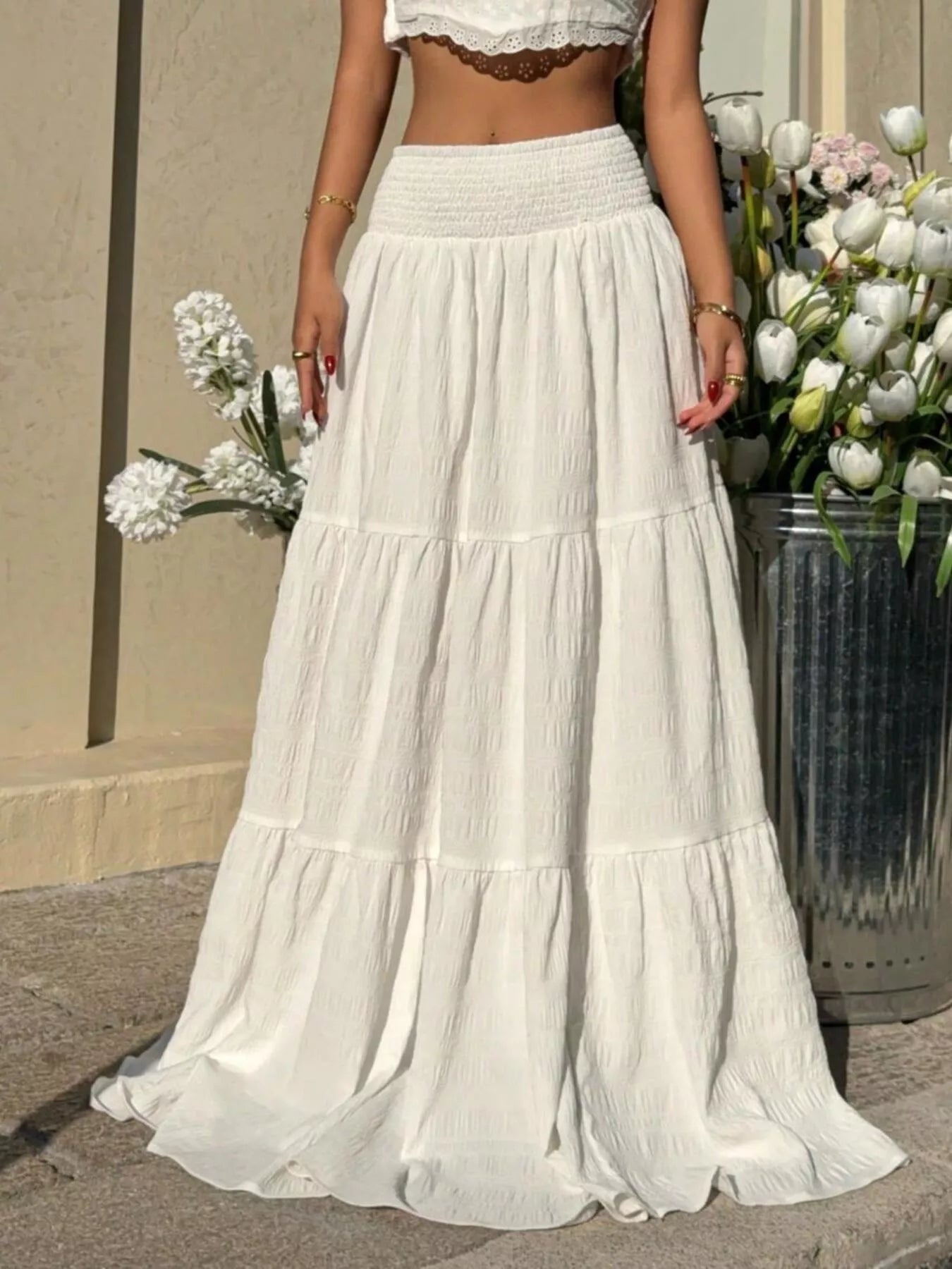 Smocked Tiered Flowy Maxi Skirt - notariosoax