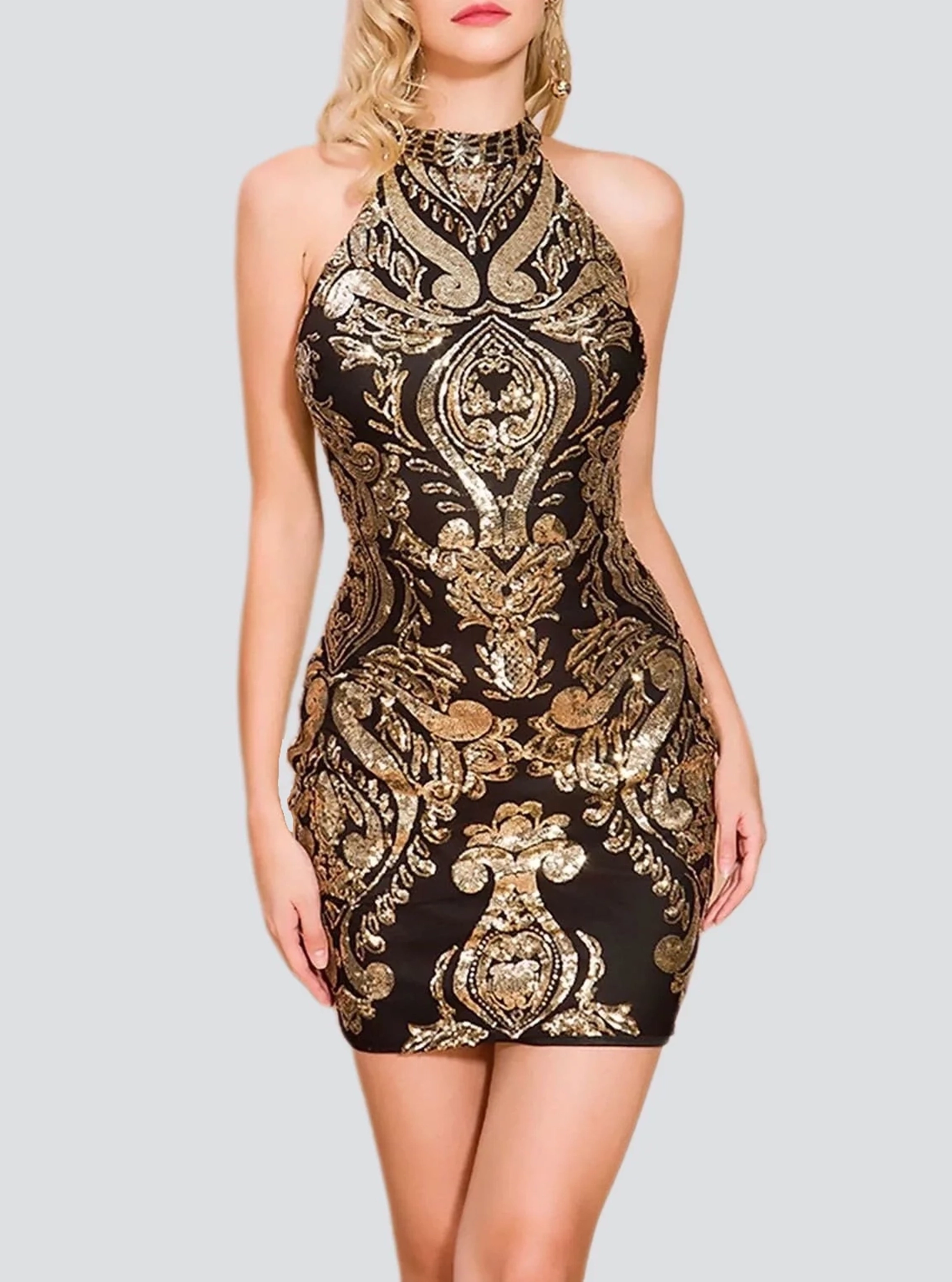 Halterneck Damask Sequin Bodycon Mini Dress - notariosoax