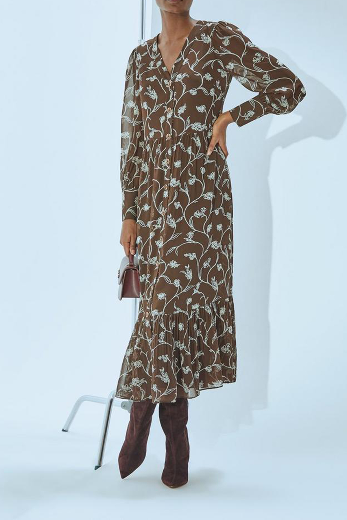 Brown Floral Print Long Sleeve Midi Dress - notariosoax