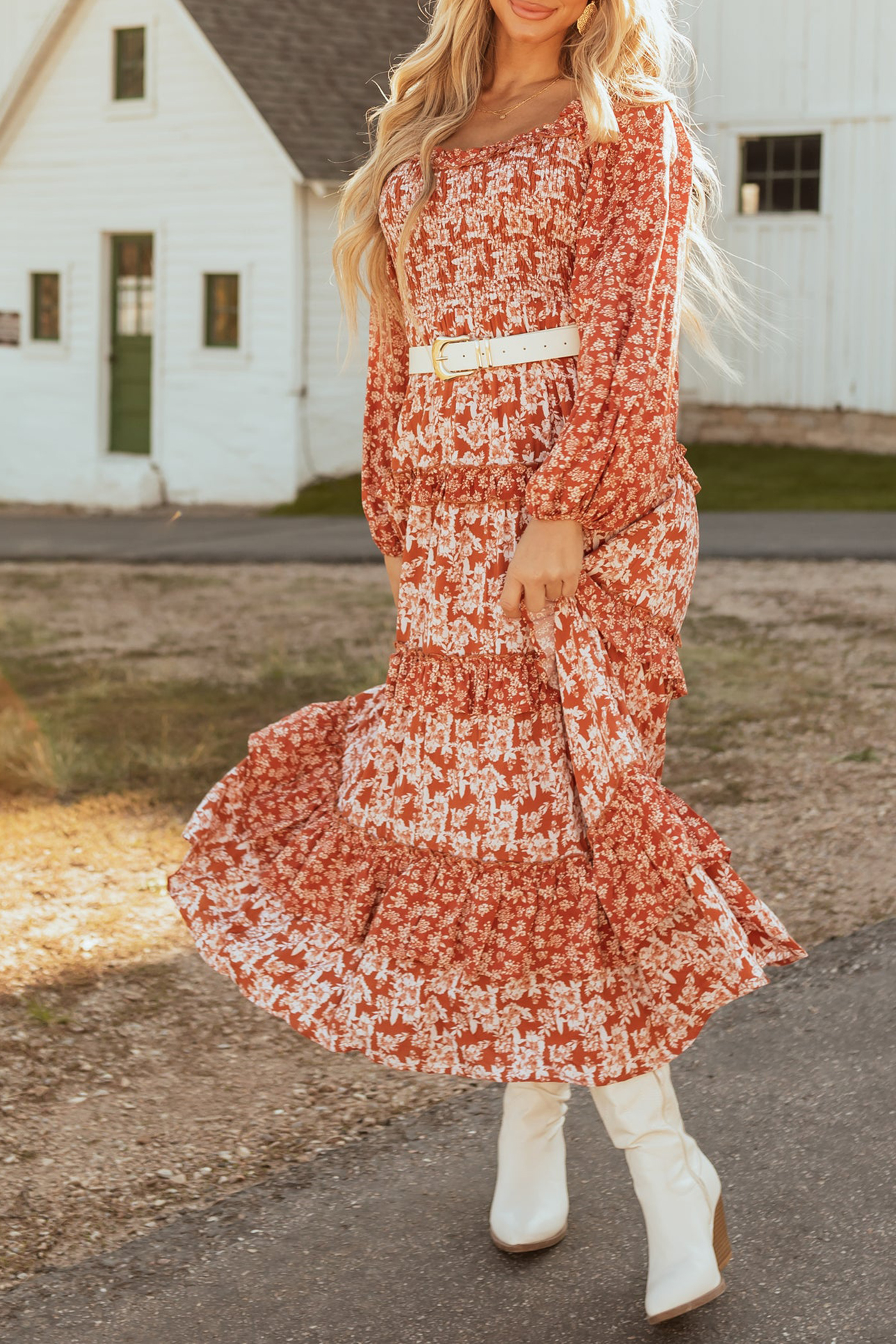 Rust Floral Print Tiered Ruffle Maxi Dress - notariosoax