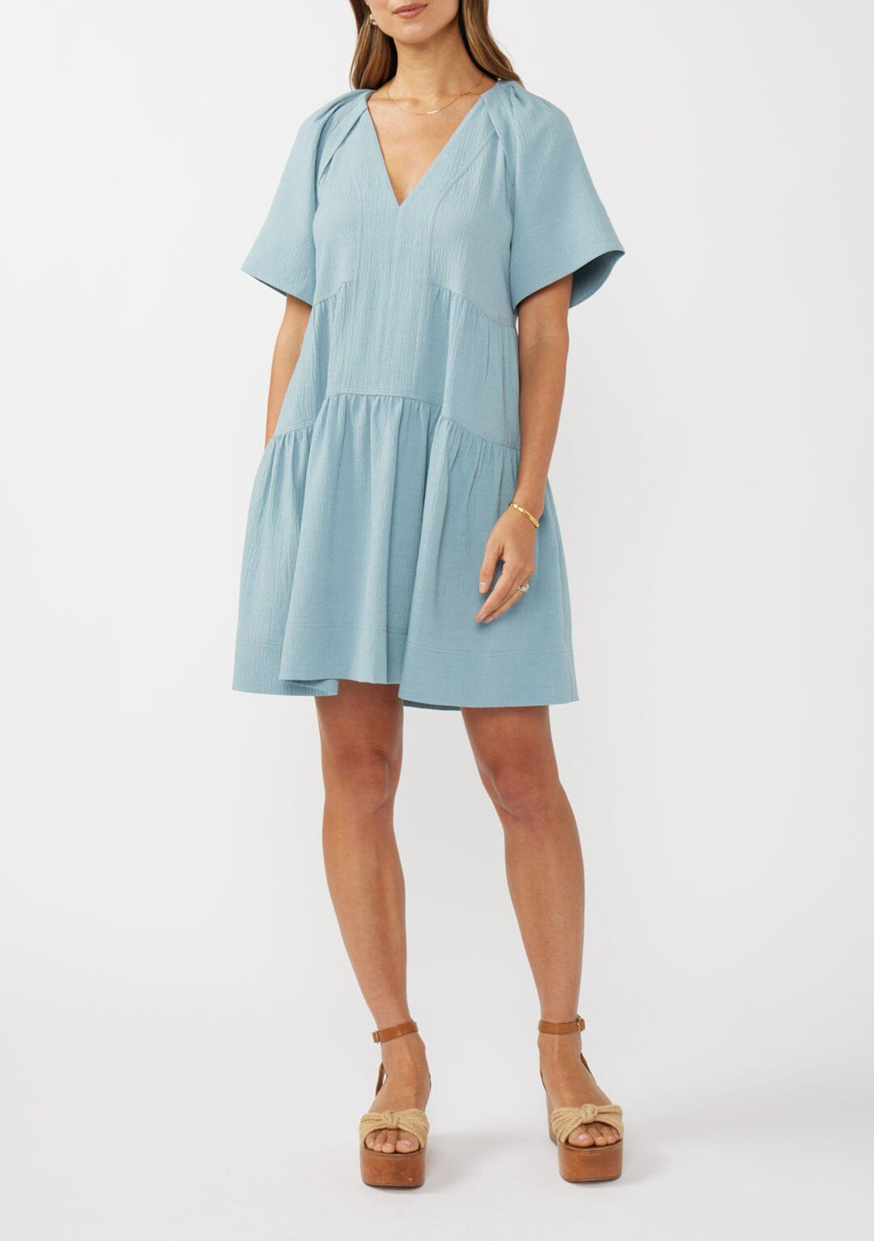 Pocketed V-Neck Half Sleeve Dress - notariosoax
