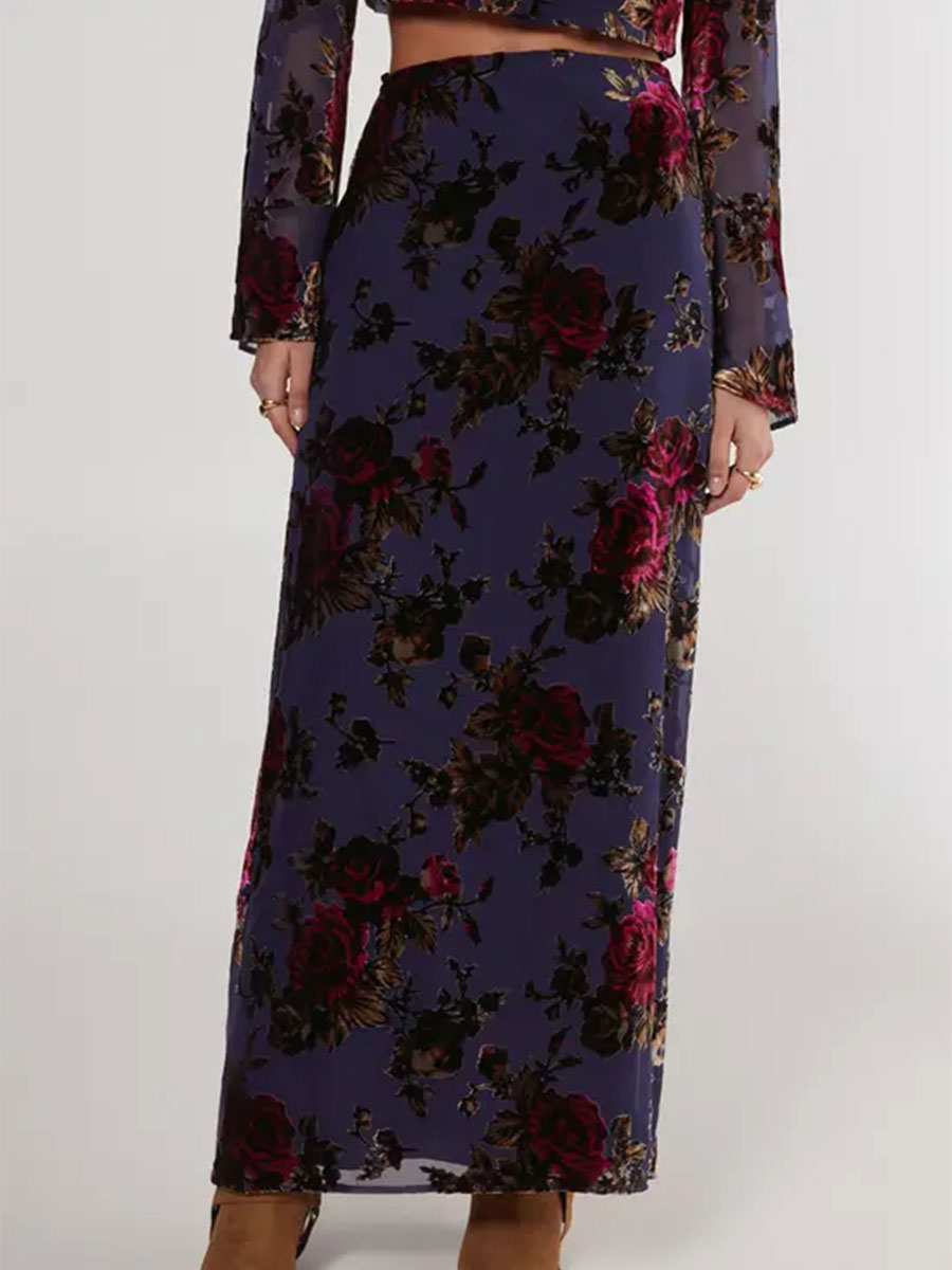 Women's Retro Velvet-Effect Floral Maxi Skirt - notariosoax