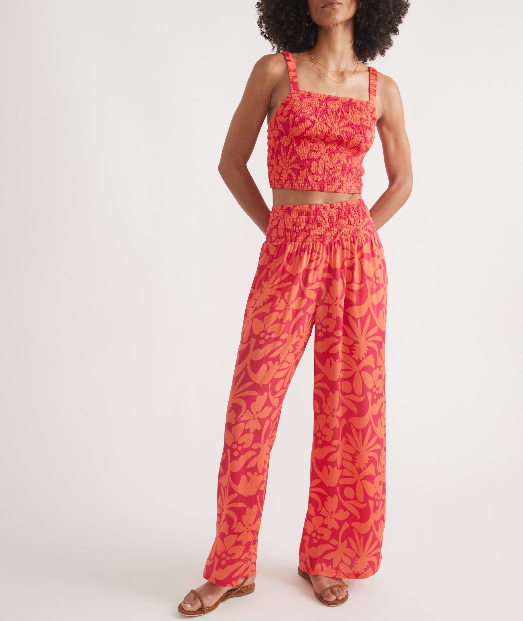 Coral Floral Print Palazzo Trousers - notariosoax