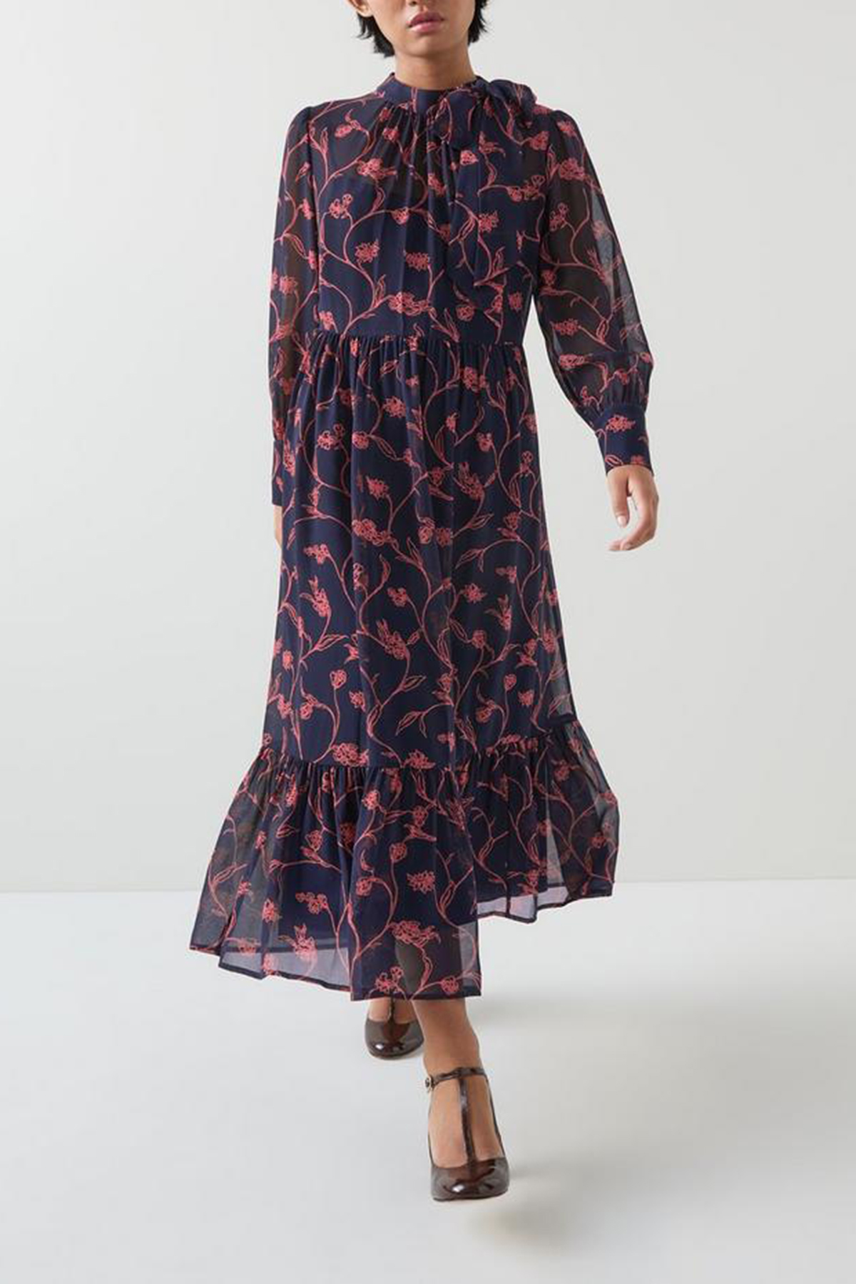 Dark Blue Pink Floral Long Sleeve Midi Dress - notariosoax
