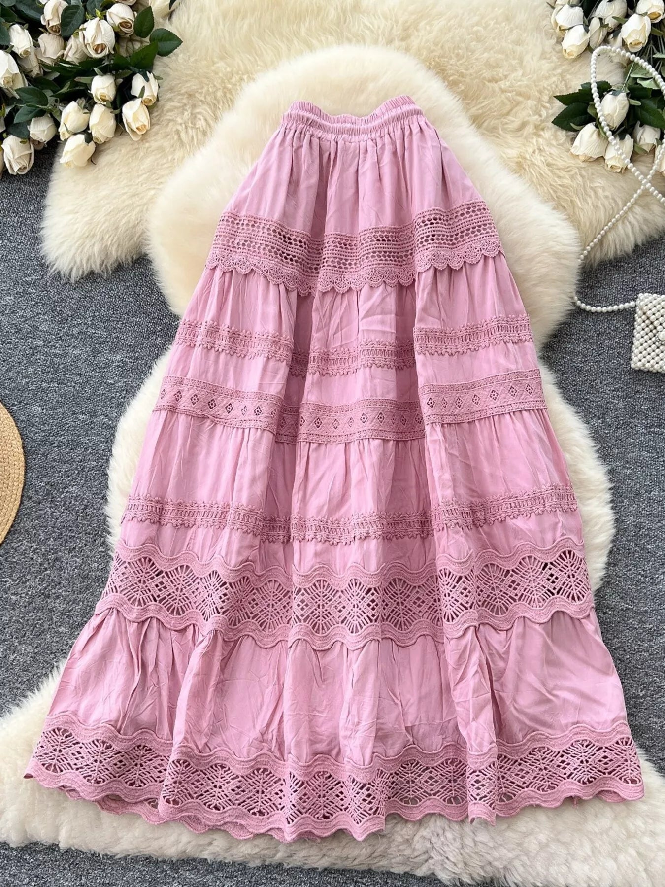 Drawstring Lace Tiered Skirt Maxi - notariosoax