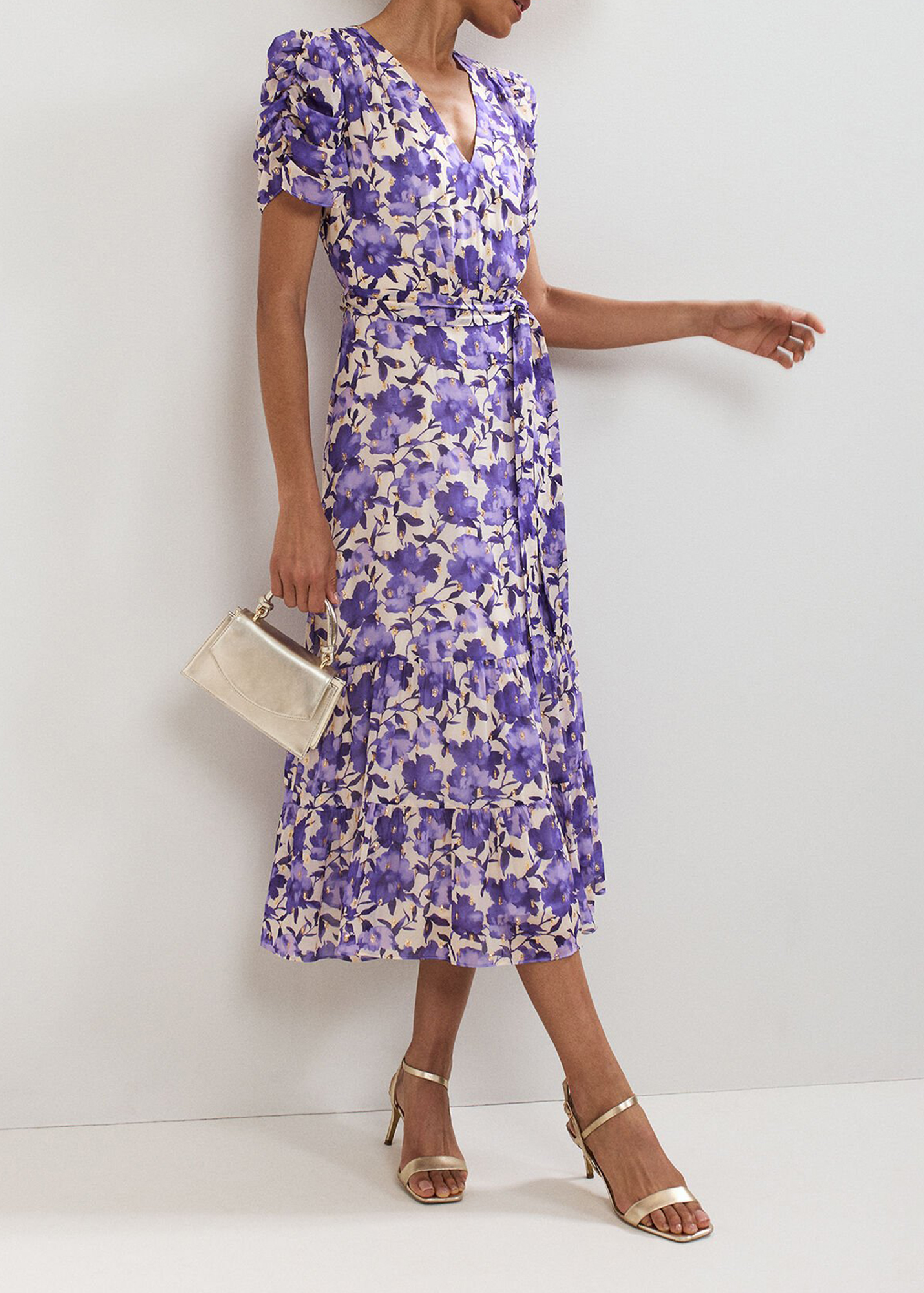 Elegant And Versatile Purple Printed V-Neck Dress - notariosoax
