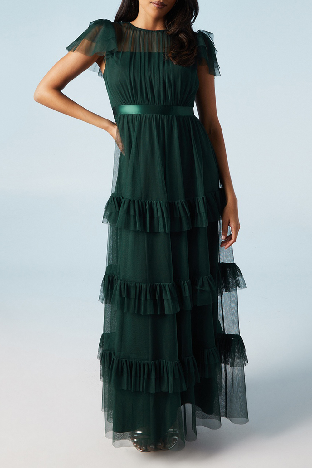 Green Mesh Dress With Multiple Hems For Women - notariosoax