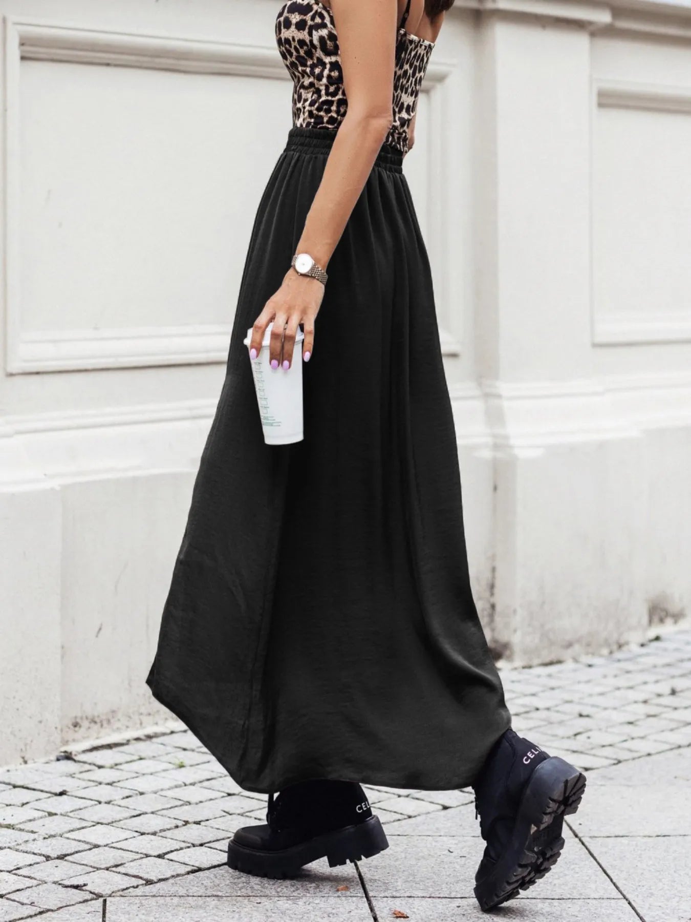 Elastic Waistband High-Slit Maxi Skirt - notariosoax