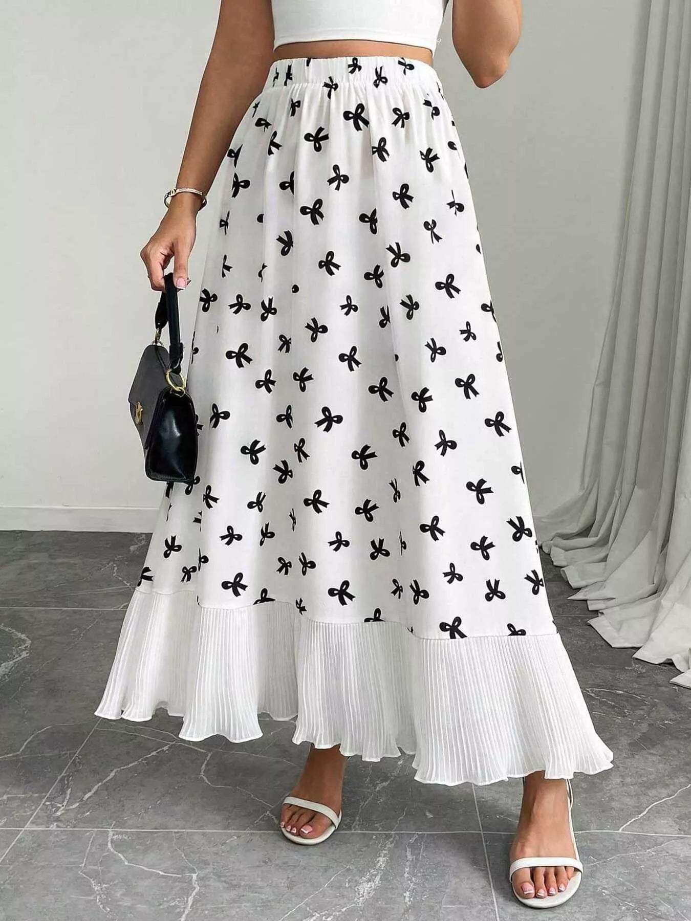 Bow Print Ruffle Hem Flowy Maxi Skirt - notariosoax