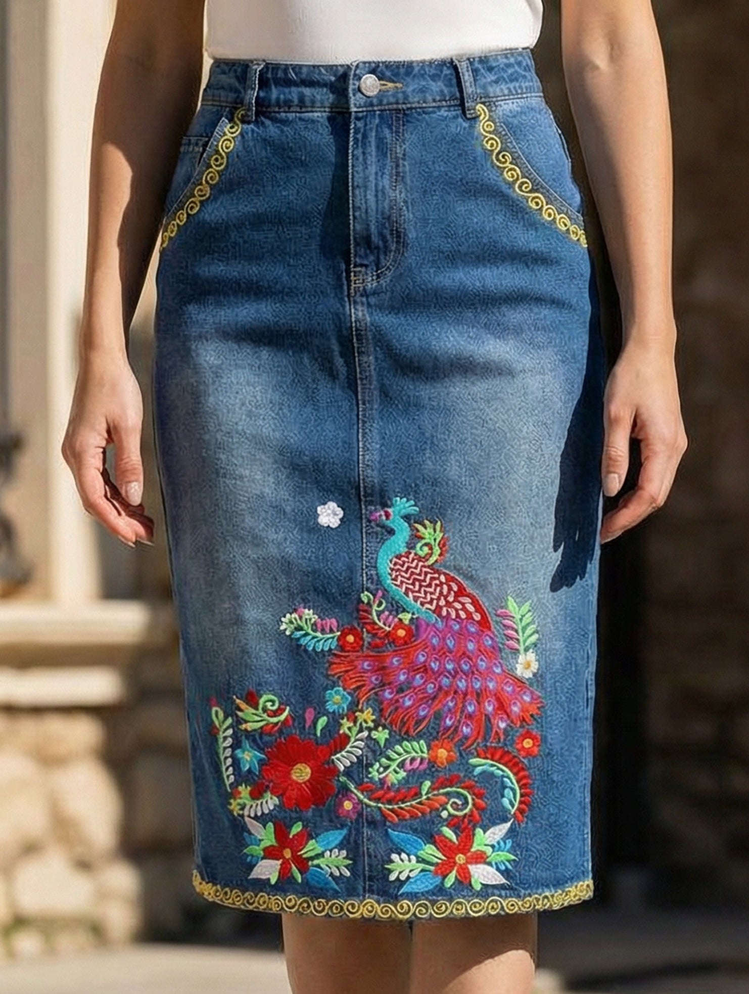 Denim Embroidered Midi Skirt - notariosoax
