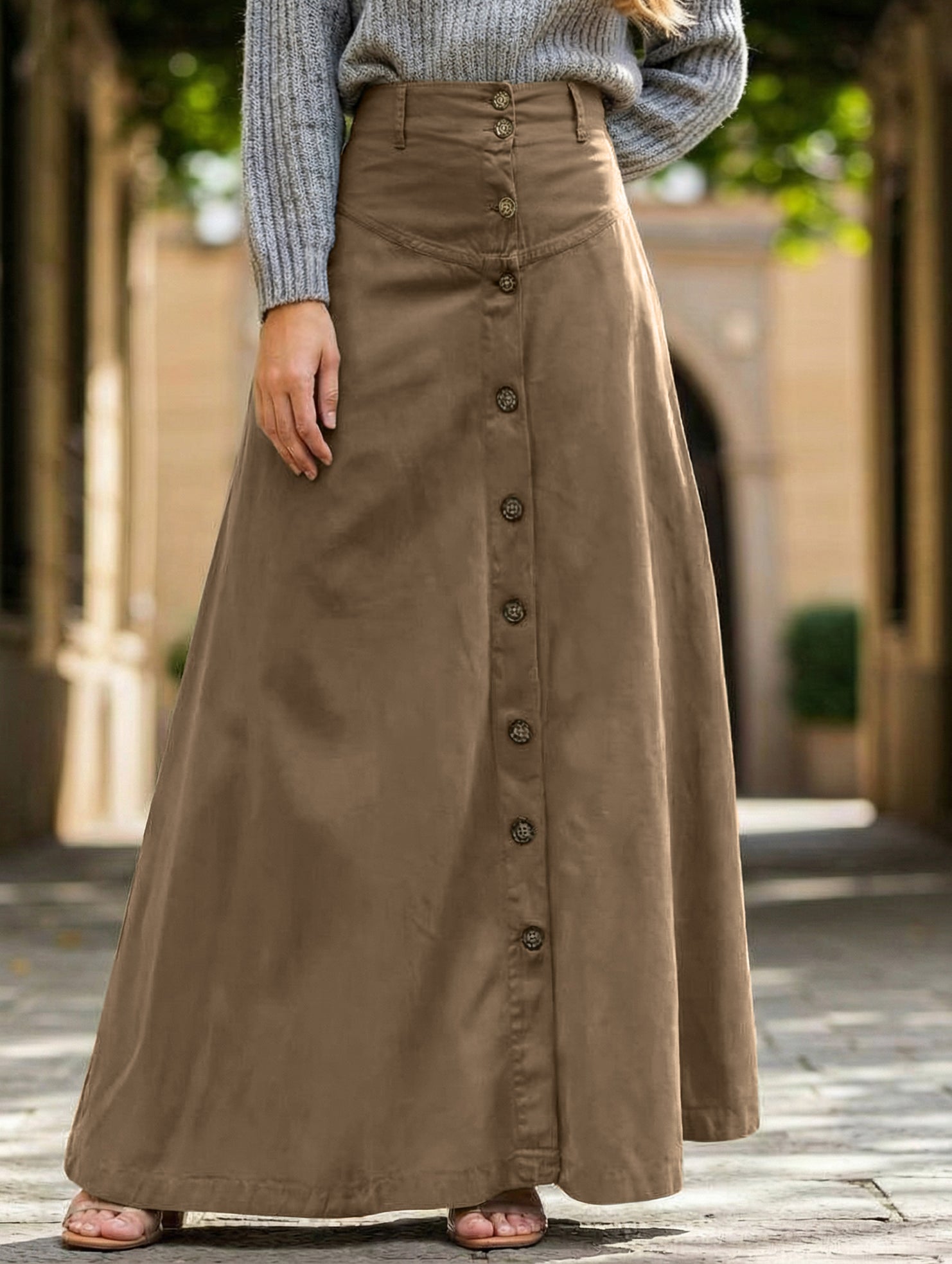 Button Front Slit A-Line Midi Skirt - notariosoax