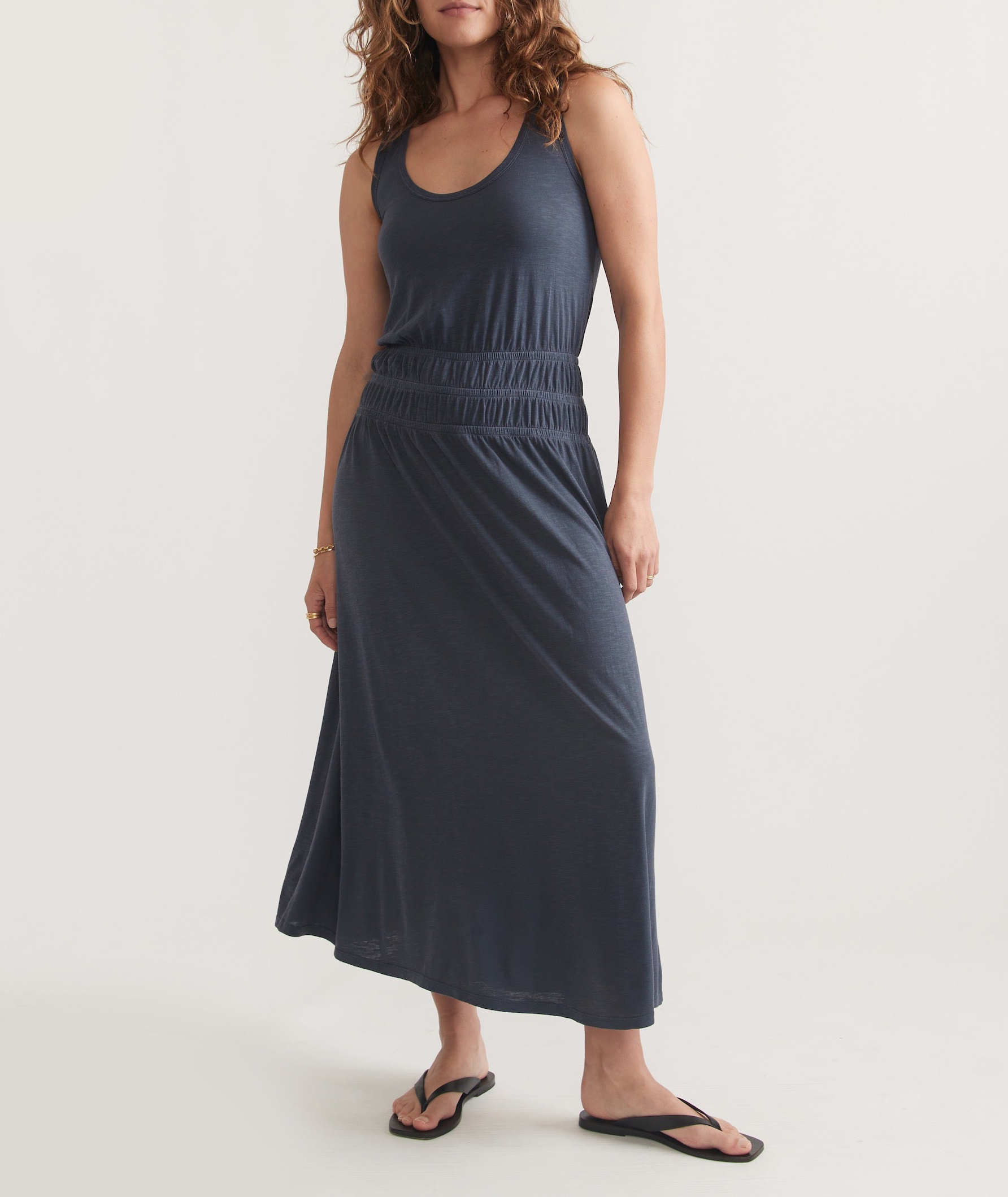 Navy Slub Fabric Midi Dress - notariosoax