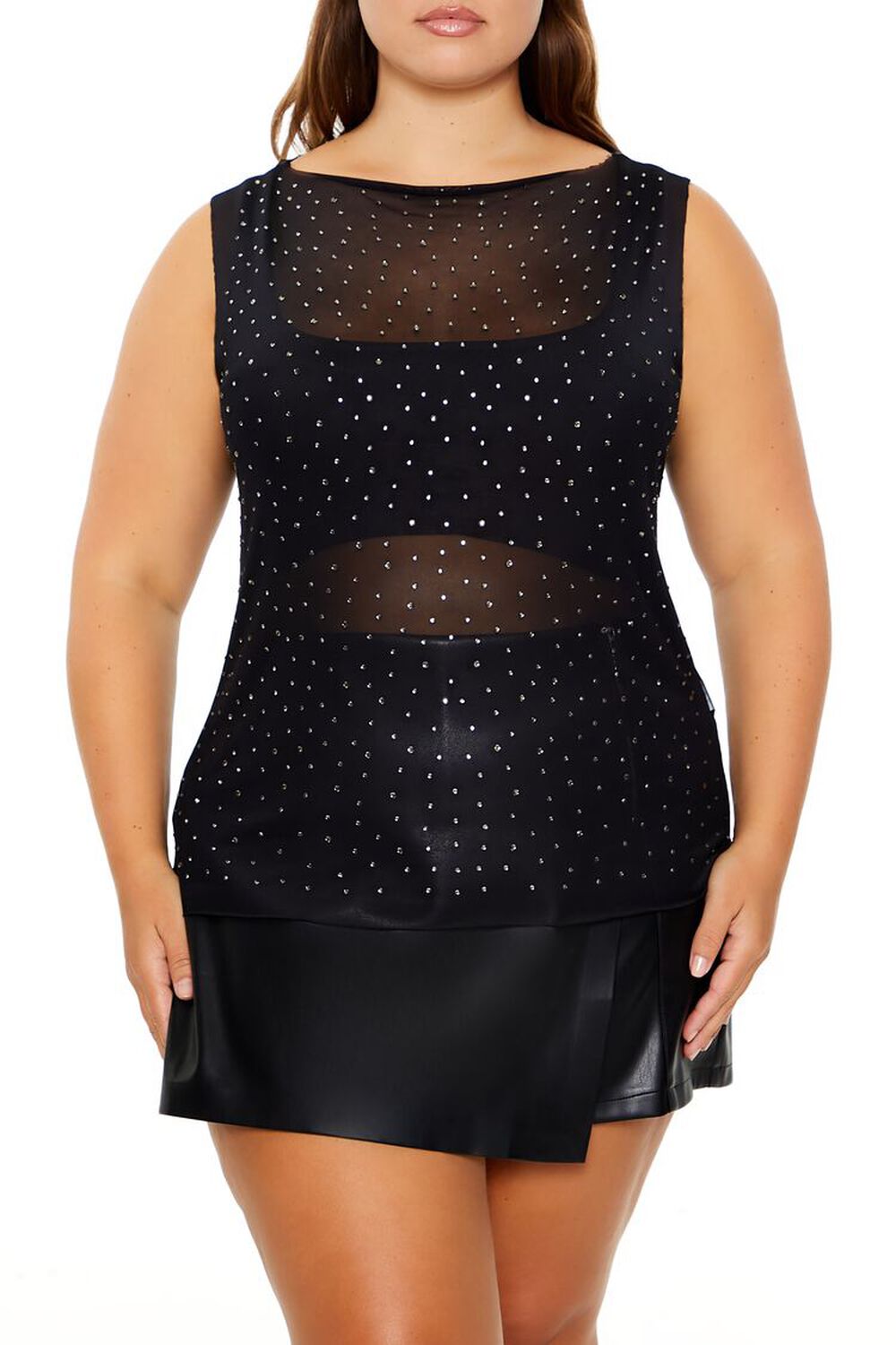 Plus Size Rhinestone Mesh Tank Top - notariosoax
