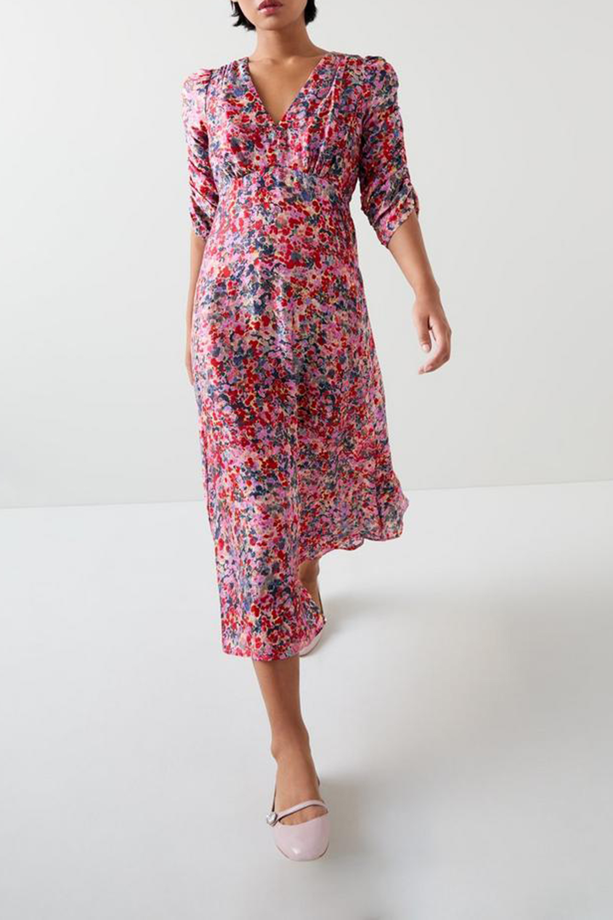 Pink Floral Print V Neck Midi Dress - notariosoax