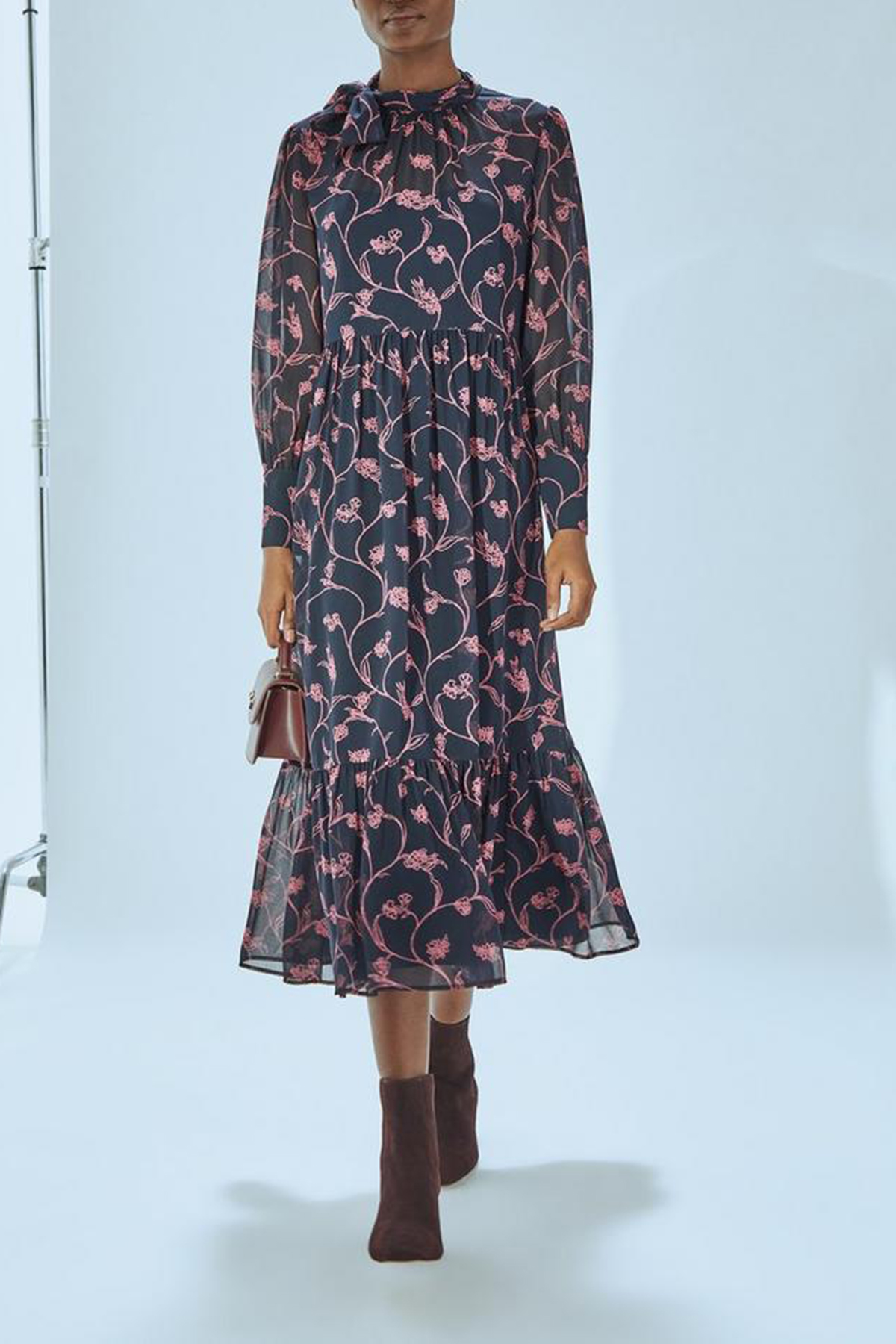 Navy Blue Floral Print Long Sleeve Midi Dress - notariosoax