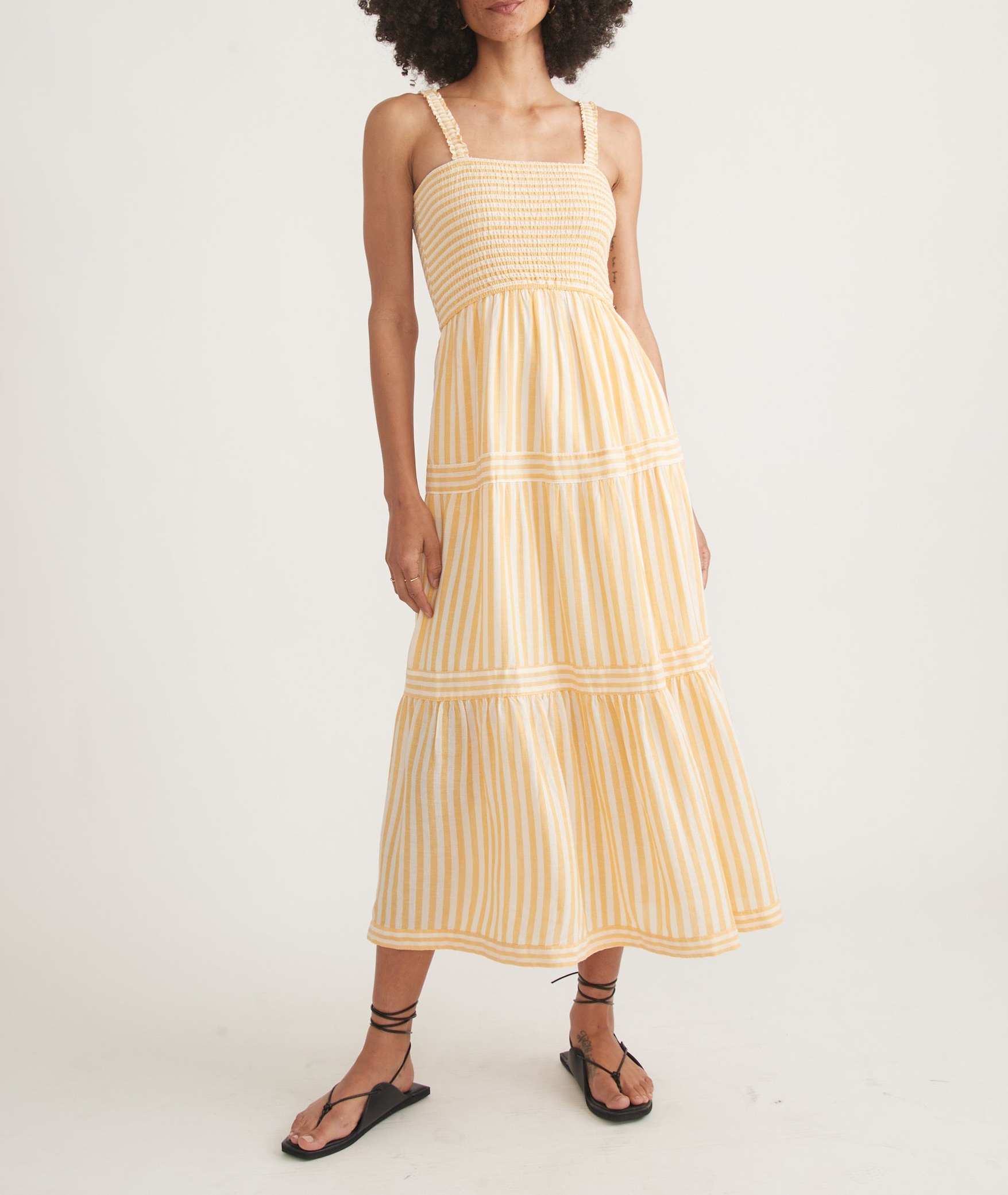 Yellow Striped Tiered Midi Dress - notariosoax