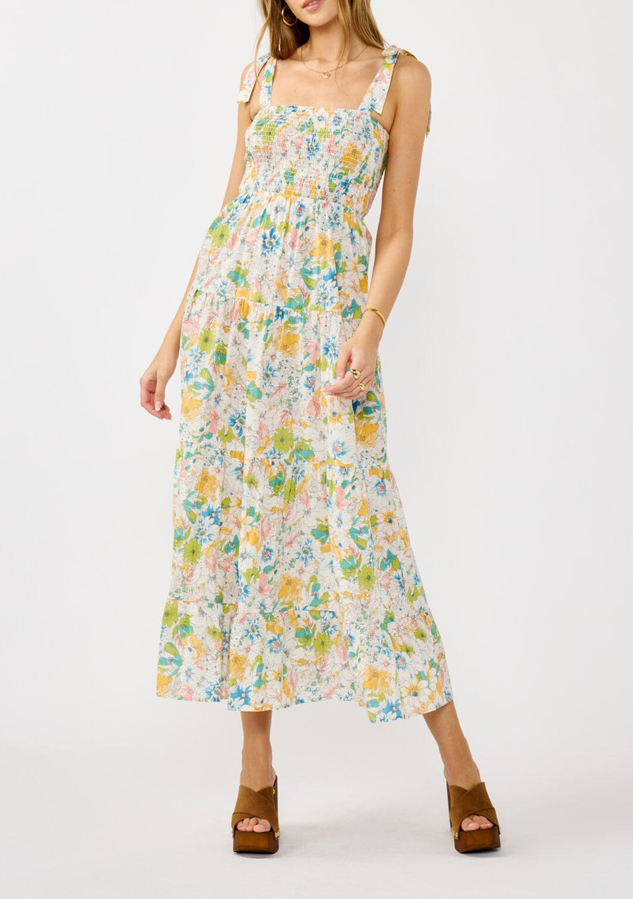 Smocked Tied Shoulder Maxi Dress - notariosoax